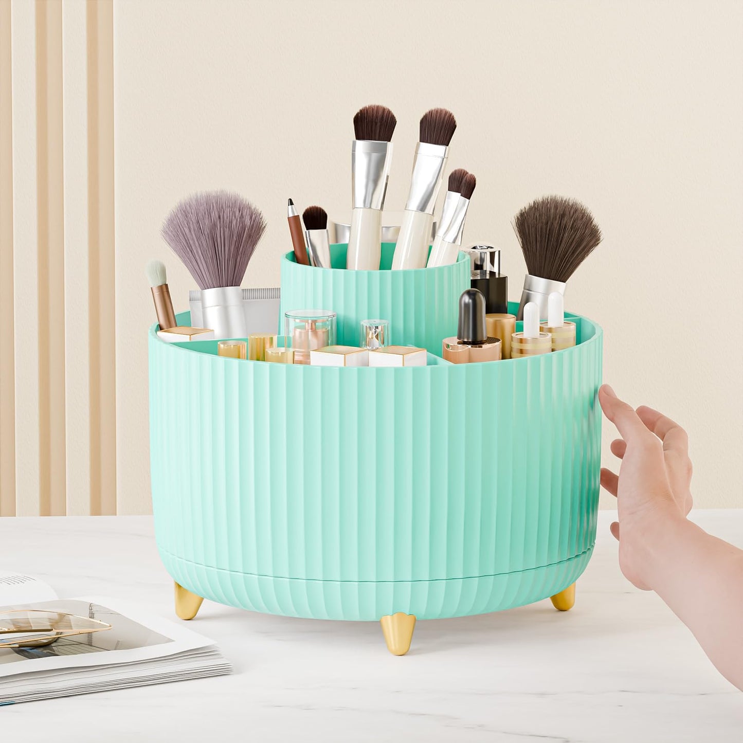 fanado 360° Rotate Makeup Brush Holder Organizer, Makeup Organizers Countertop, Makeup organization and Skincare Storage for Vanity, Desktop, Bathroom (Mint Green)