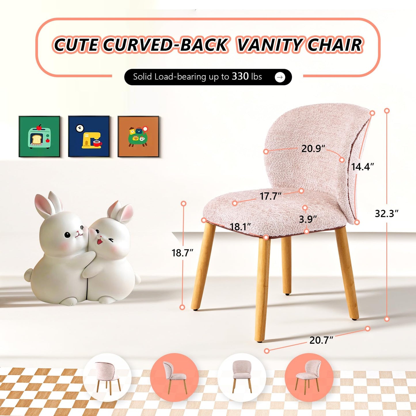 VINGLI Chenille Curved-Back Armless No Wheels Vanity Chair for Girls, Cute & Furry Upholstered Desk Chair with Solid Wood Legs for Study/Makeup/Bedroom/Dressing, Fluffy Makeup Chair for Teens, Pink