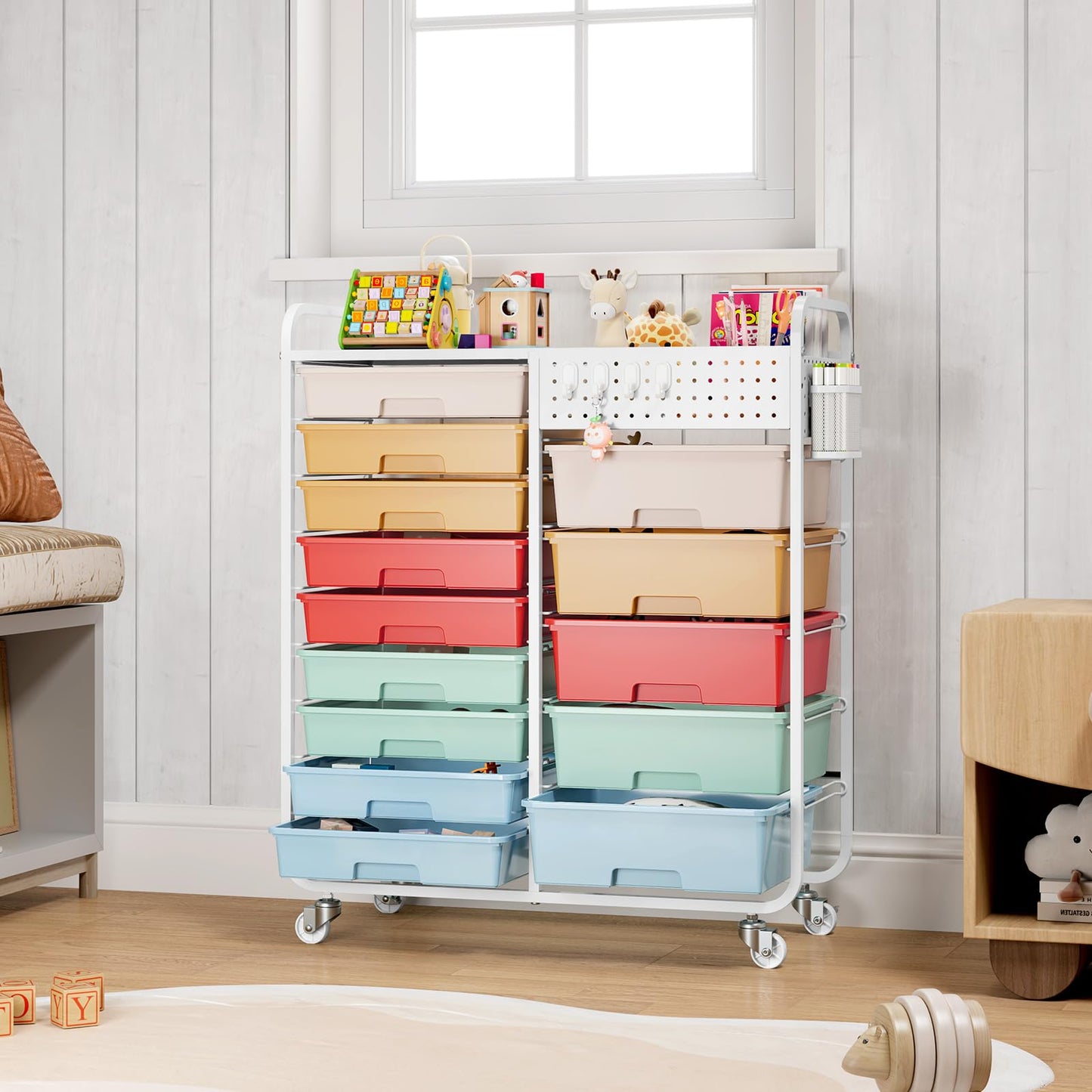 Rolling Storage Cart with 14 Drawers, Storage Organizer Cart with Tabletop and Pegboard,Utility Cart for Living Room, Classroom, Bedroom,Bathroom,Dorm,Office (Rainbow)