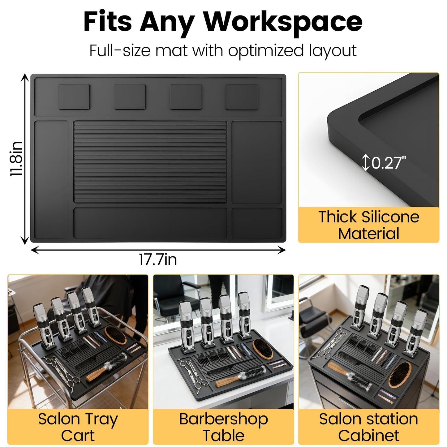 Magnetic Barber Mat for Clippers - Professional 4-Slot Tool Organizer Station with Strong Magnet, Non-Slip Flexible Silicone Mat for Barber Shop & Salon Accessories