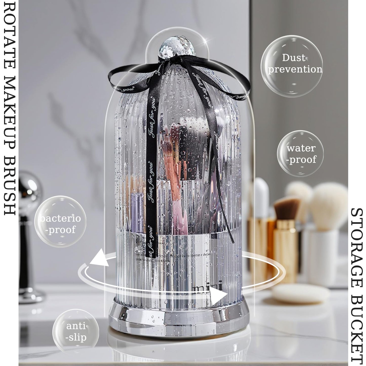 JIANGLAI Makeup Brush Holder with Lid, 360° Rotating Multifunction Clear Dustproof Skincare Cosmetic Tools Storage Organizer for Vanity Desktop Bathroom Countertop (White)