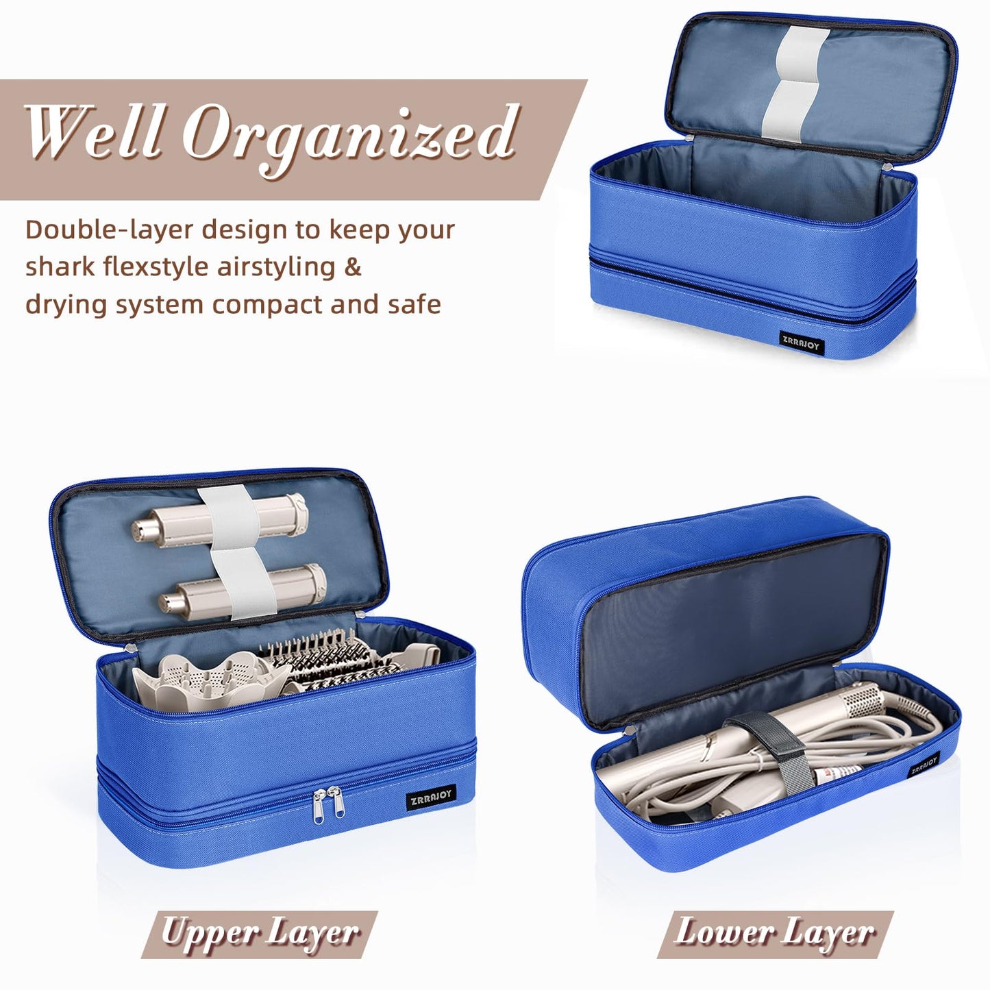 ZRRAJOY Double Layer Storage Case For Shark Flexstyle, Travel Carrying Case For Shark 430/440 Flexstyle, Organizer Bag For Shark Flexstyle/Dyson Airwrap Styler Attachments (Blue)