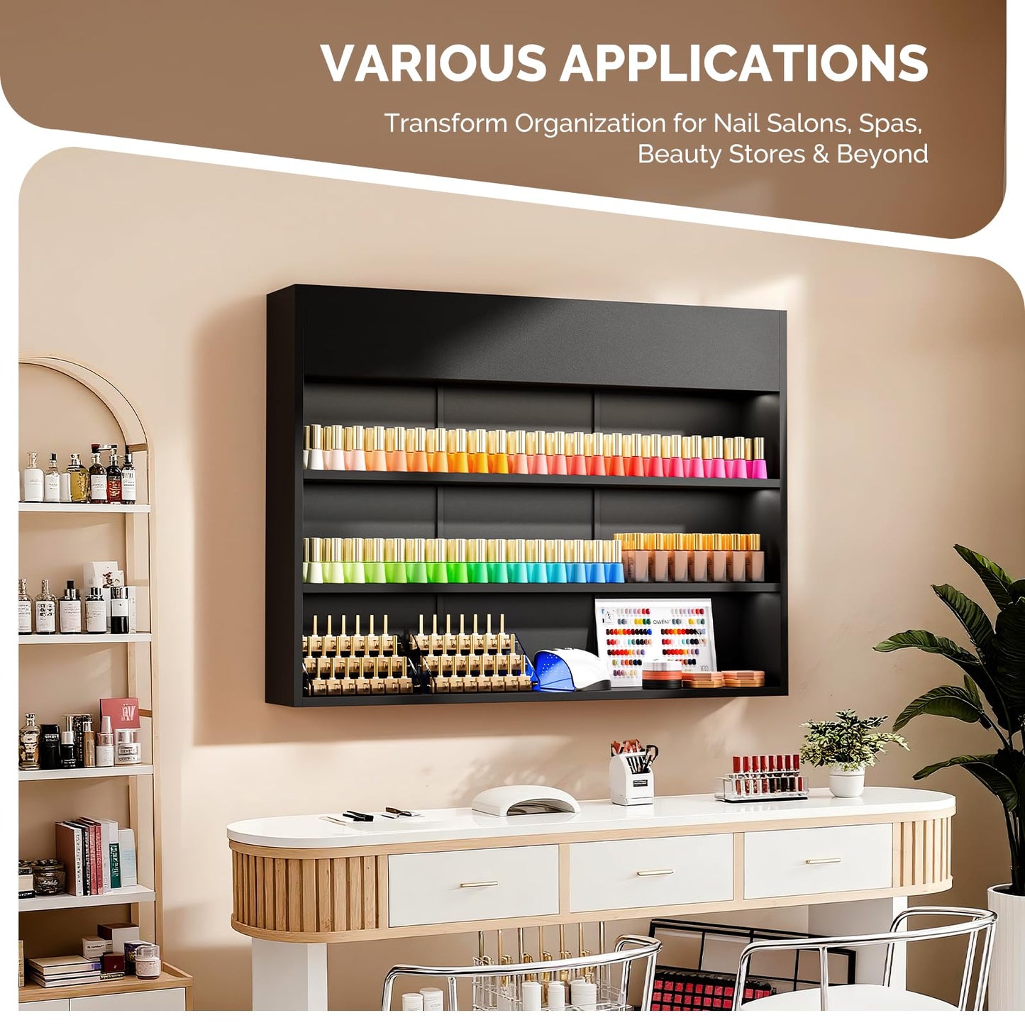 OmySalon Wall Mounted Display Rack, 47.6-Inch 3-Tier LED Nail Polish Organizer Shelf with USB Touch Control, for Nail Salon, Spa, Beauty Studio Storage, Wooden Retail Display (Black)