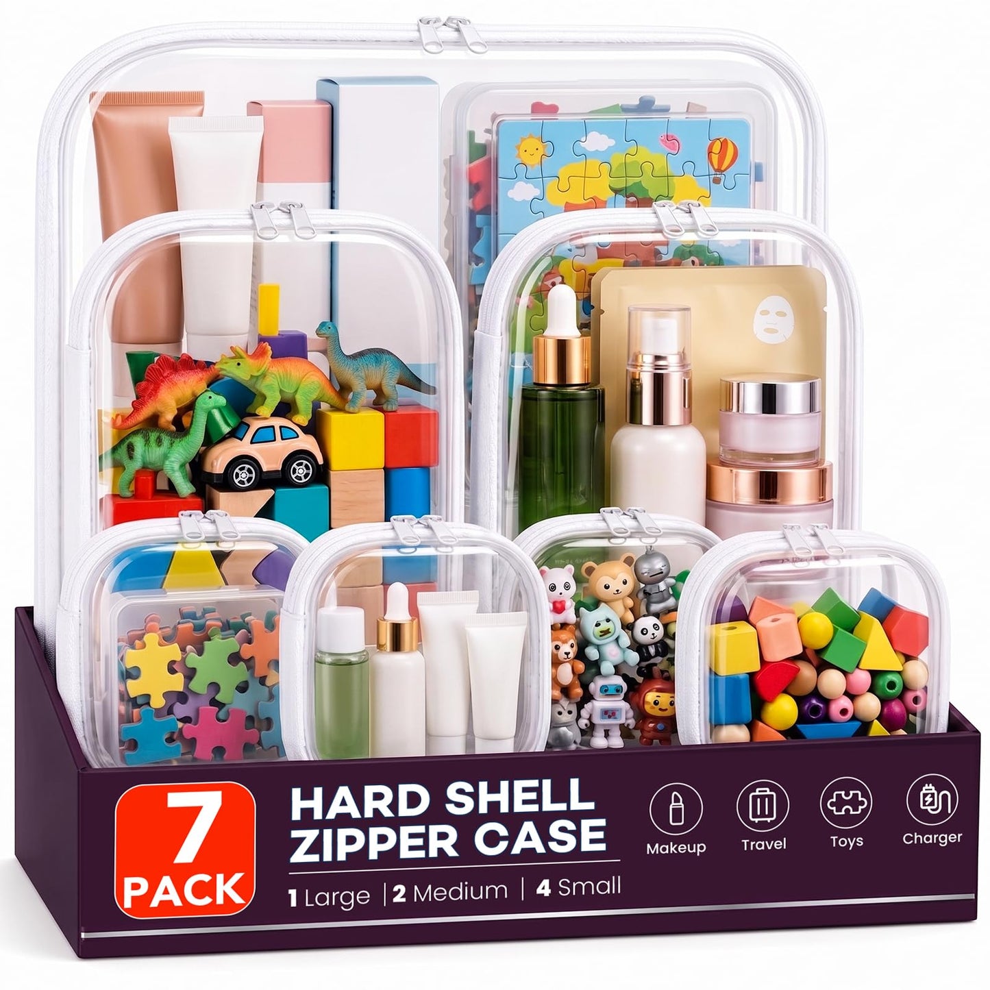SCTOARIELT 7 Pack Clear Hard Shell Zipper Case, Clear Zipper Pouches, Transparent Waterproof Makeup Plastic Storage Organizer for Home Office Travel Accessories, 1 Large + 2 Medium + 4 Small