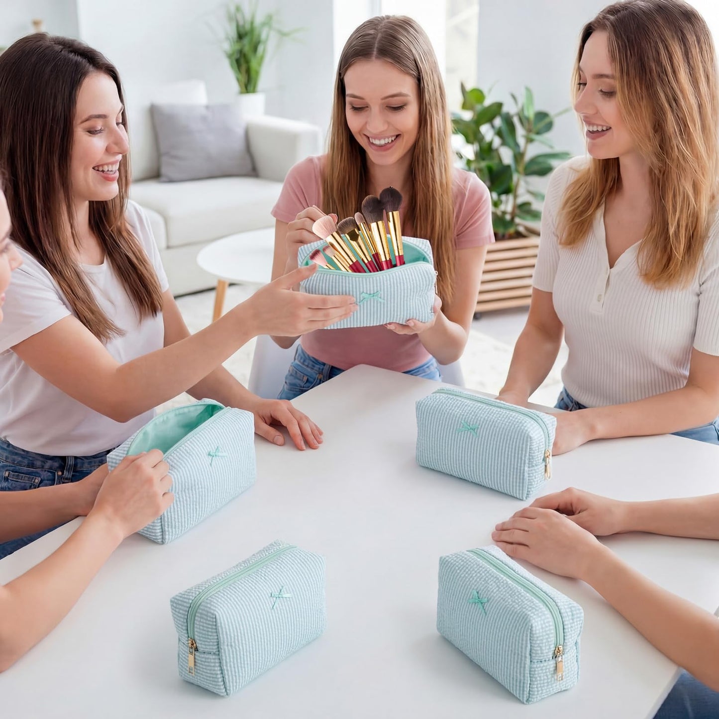 Sanwuta 8 Pcs Cozy Seersucker Cosmetic Bag Blue Stripe Makeup Bag Aesthetic Travel Zipper Cosmetic Pouch Large Cute Preppy Pouch for Spa Sleepover Birthday Party Galentines Day Bridesmaid Gift