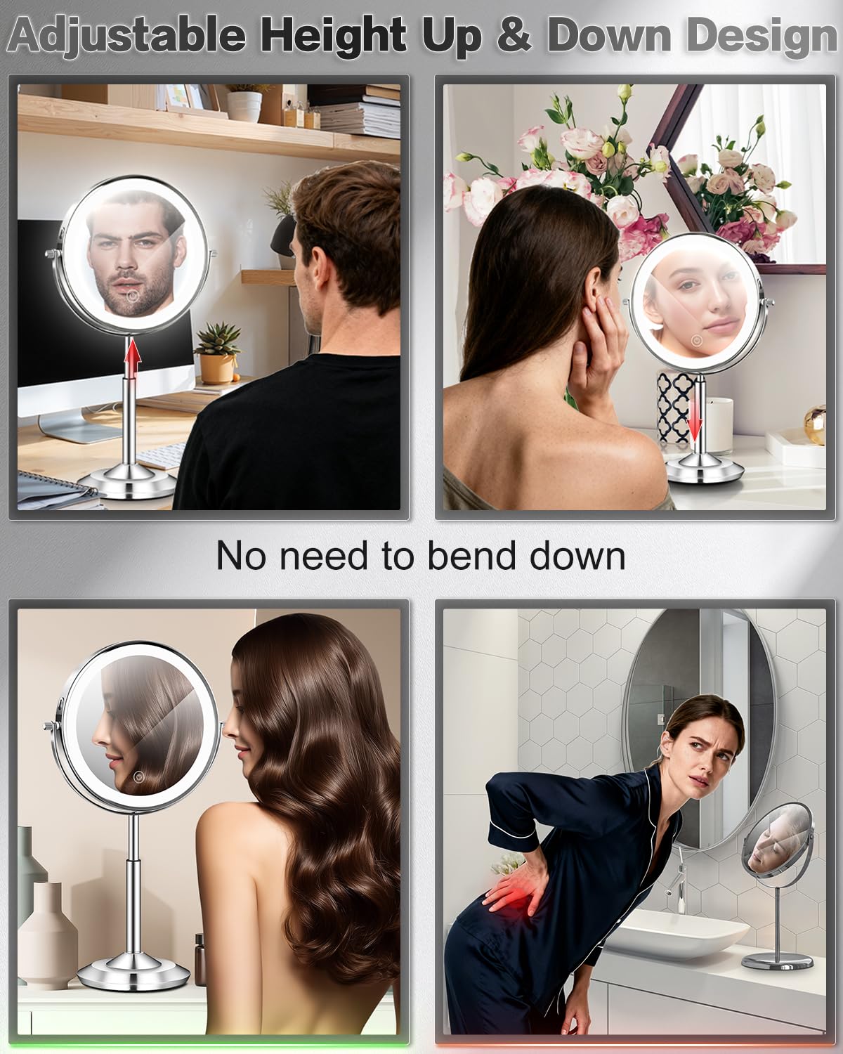 VFD 30X/1X Makeup Mirror with Lights, Height Adjustable Lighted Magnifying Vanity Mirror with 3 Lighting and Adjustable Brightness, 3000mAh Rechargeable Double Sided Switch