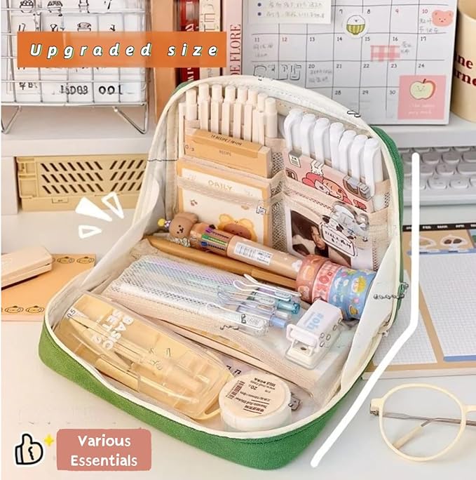 Pencil Case Pouch Box Cute Kawaii Large Capacity Aesthetic Zipper Pen Holder Organizer Bag for Office Workspace Supplies Desk Accessories Travel (Off-White)