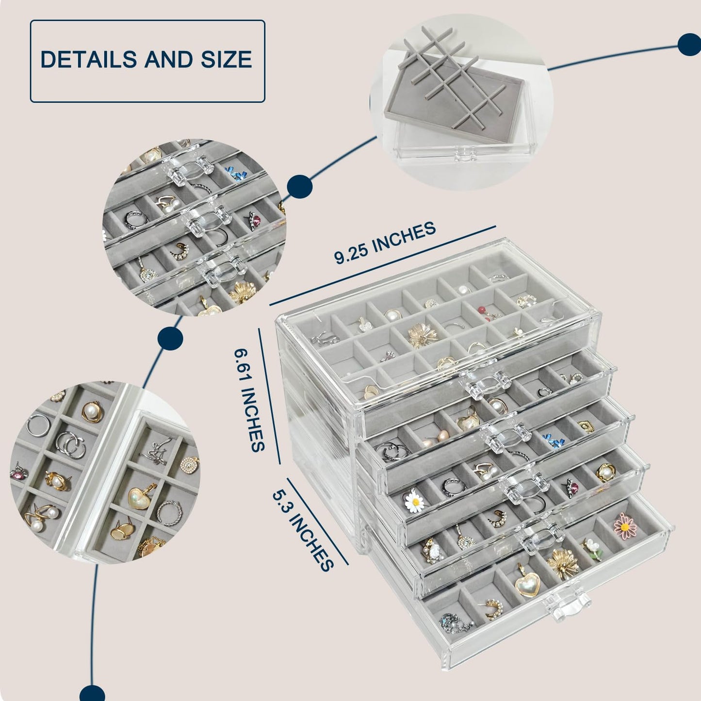 HOUKANWE Acrylic Earring Holder Organizer with 5 Drawers Clear Earring Organizer Box with 90 Adjustable Grids Velvet Earring Display Case Jewelry Organizer for Earrings Rings Studs (Grey)