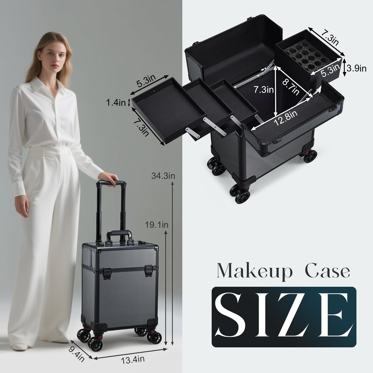 Mecucasi Rolling Makeup Case, Cosmetology Case on Wheels Professional Vanity Case with Trays for Women Large Travel Makeup Box Organizer Trolley with Key, Ashy Grey