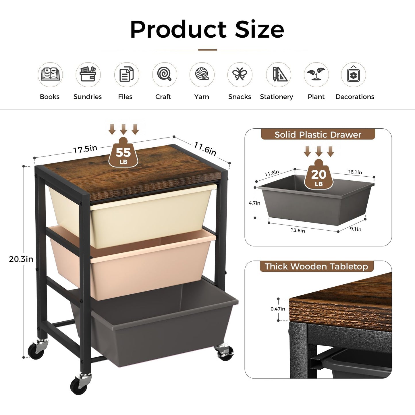 Rolling Cart with 3 Drawers, Plastic Drawer Storage Carts with Lockable Wheels & Wooden Tabletop, Metal Art Craft Utility Cart Organizer for Home Office Bedroom Dorm Bedside Classroom, Dark Brown