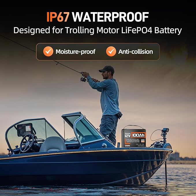 12V 100Ah LiFePO4 Battery Lithium Deep Cycle, Group 24, IP67, Built-in 100A BMS, 1280Wh Energy, 15000+ Cycles for RV Solar Off-Grid Marine Trolling Motor, Portable Power for Camping (10-Year Lifespan)