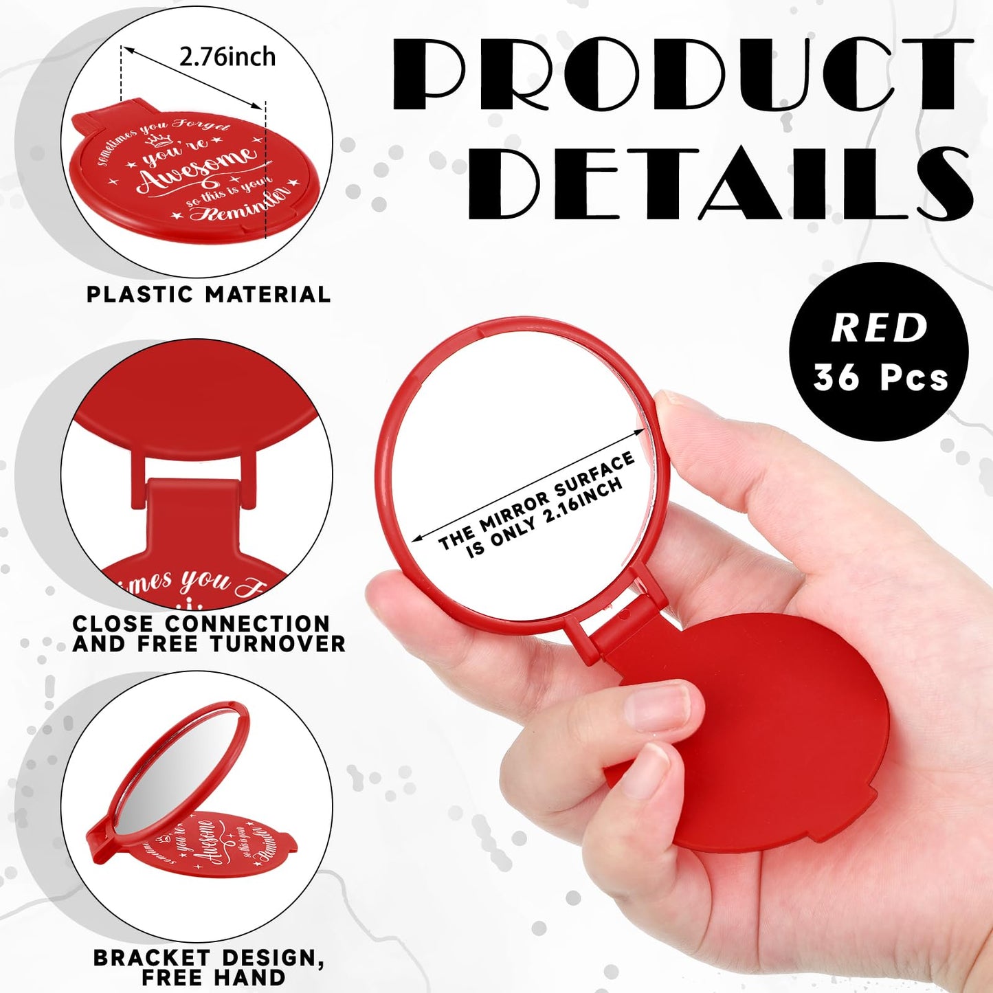 Gulfmew 36 Pcs 2.76 Inch Inspirational Compact Mirror Bulk Women Small Gifts Graduation Mothers Day Party Favors Purse Mirror Pocket Mini Items for Adult Coworker Cheerleader Swag Bag (Red)