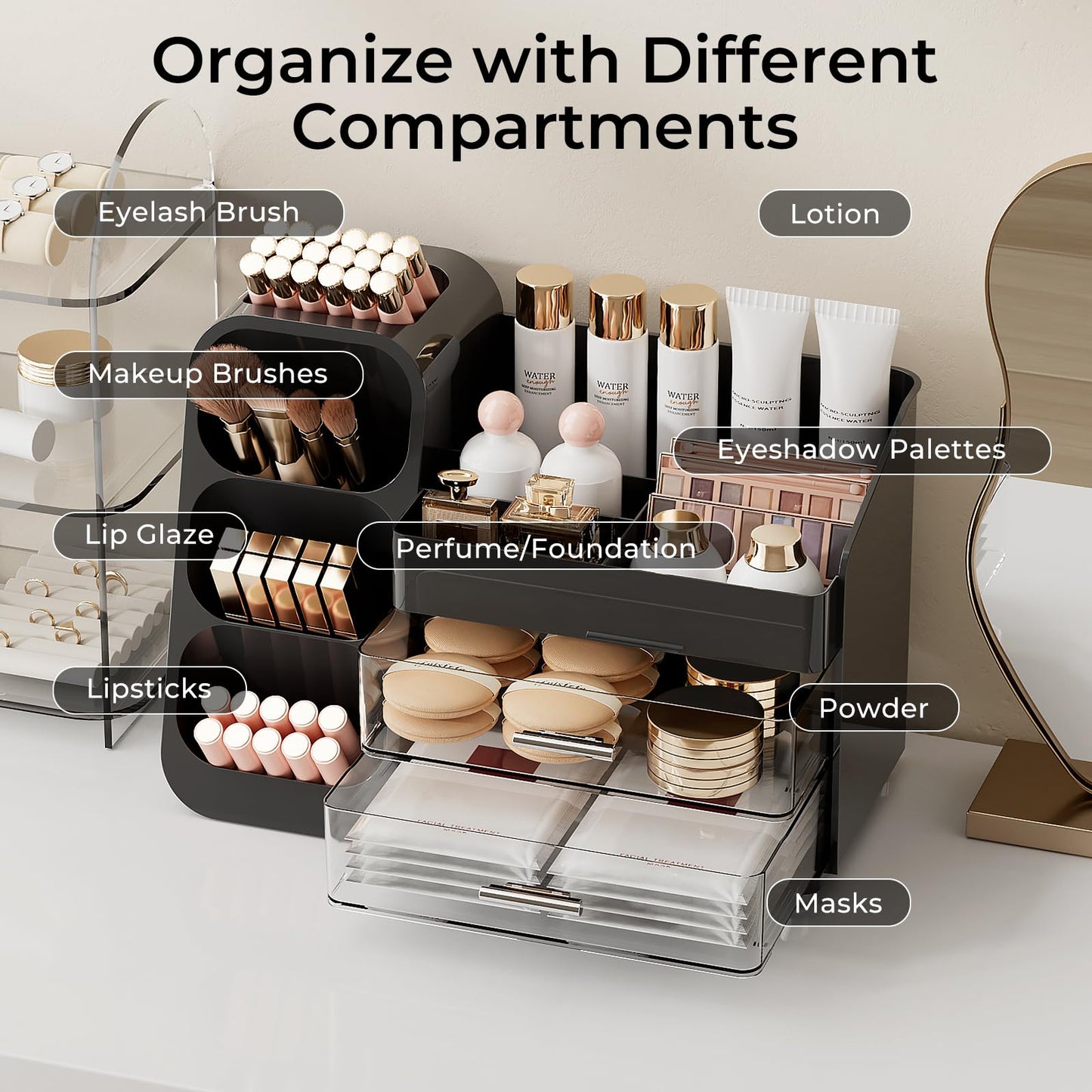 UFORU Makeup Organizer for Vanity with Brush Holder, Large Capacity Bathroom Countertop Skincare Organizer with 2 Drawers, Cosmetic Display Case for Perfumes, Eyeshadow Palettes, Nail Polishes