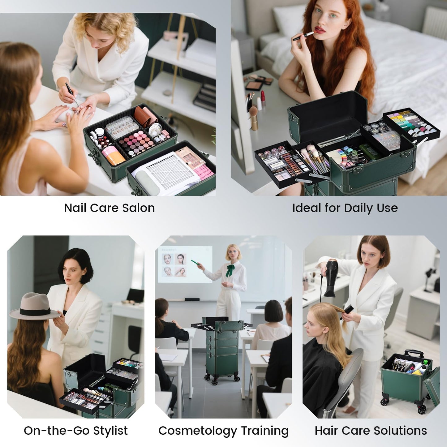Rolling Makeup Case Makeup Train Case with Lid 5 in 1 Cosmetology Case on Wheels Cosmetic Trolley Organizer Large Makeup Organizers Case Profesional Cosmetic Case for Salon Barber Nail Beauty, Green