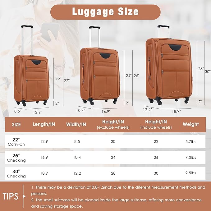 Merax Softside Luggage Set 3 Piece Suitcase with Duffel Bag Spinner Wheels Lightweight Expandable Travel Luggage 22" 26" 30",Orange