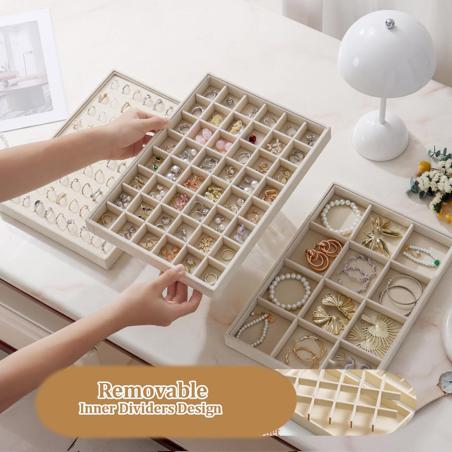 KATISYIO Large Velvet Jewelry Tray 2 Pack Stackable Jewelry Display Drawer Inserts Trays Organizer for Earring Bracelet Necklace Ring (Beige, 48 Grids)