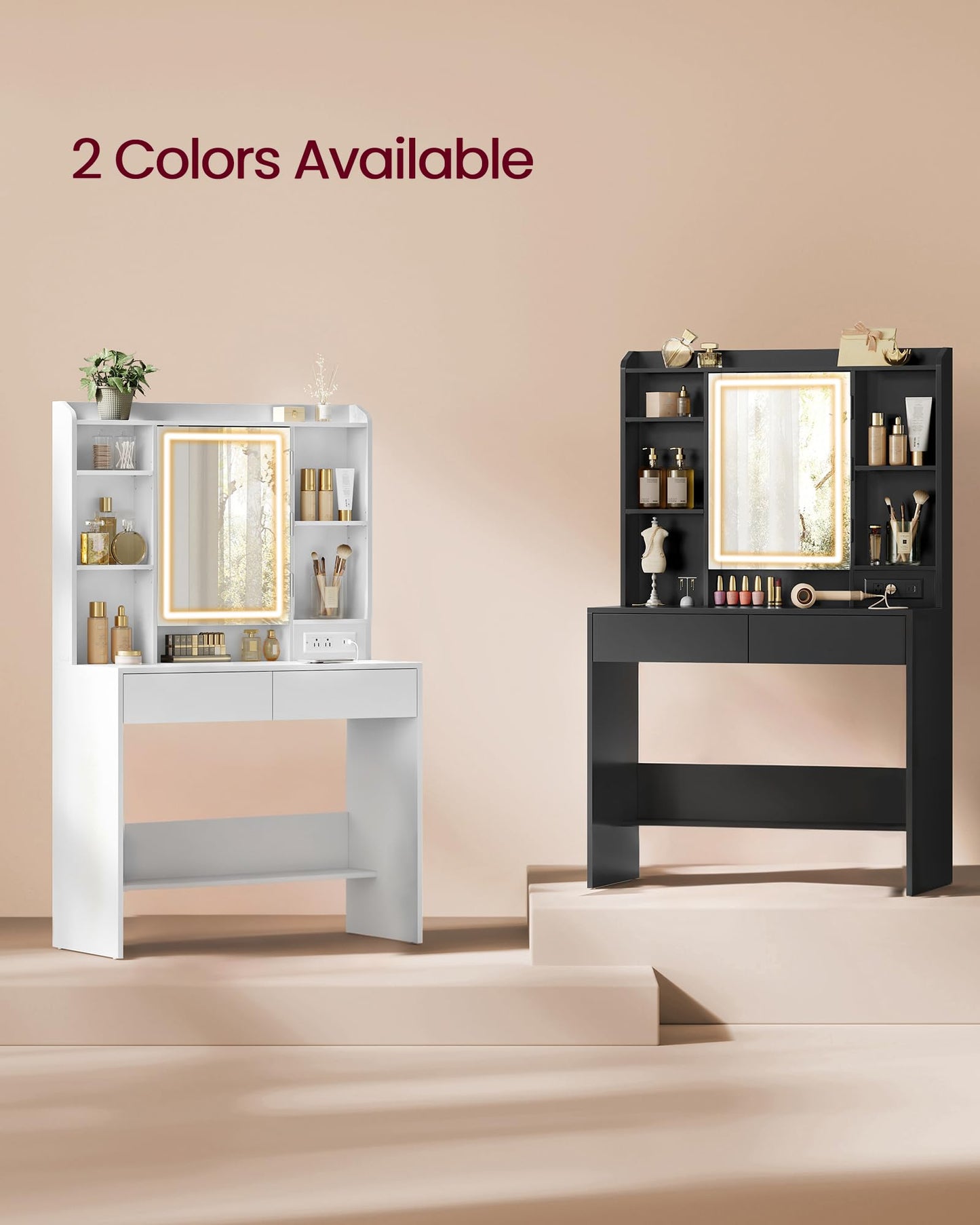 VASAGLE KAILYN Collection - Vanity Desk with Power Outlets, Makeup Vanity with Mirror and Lights, Upholstered Vanity Stool, 6 Compartments, 2 Drawers, for Bedroom, Cloud White URDT031WB02S