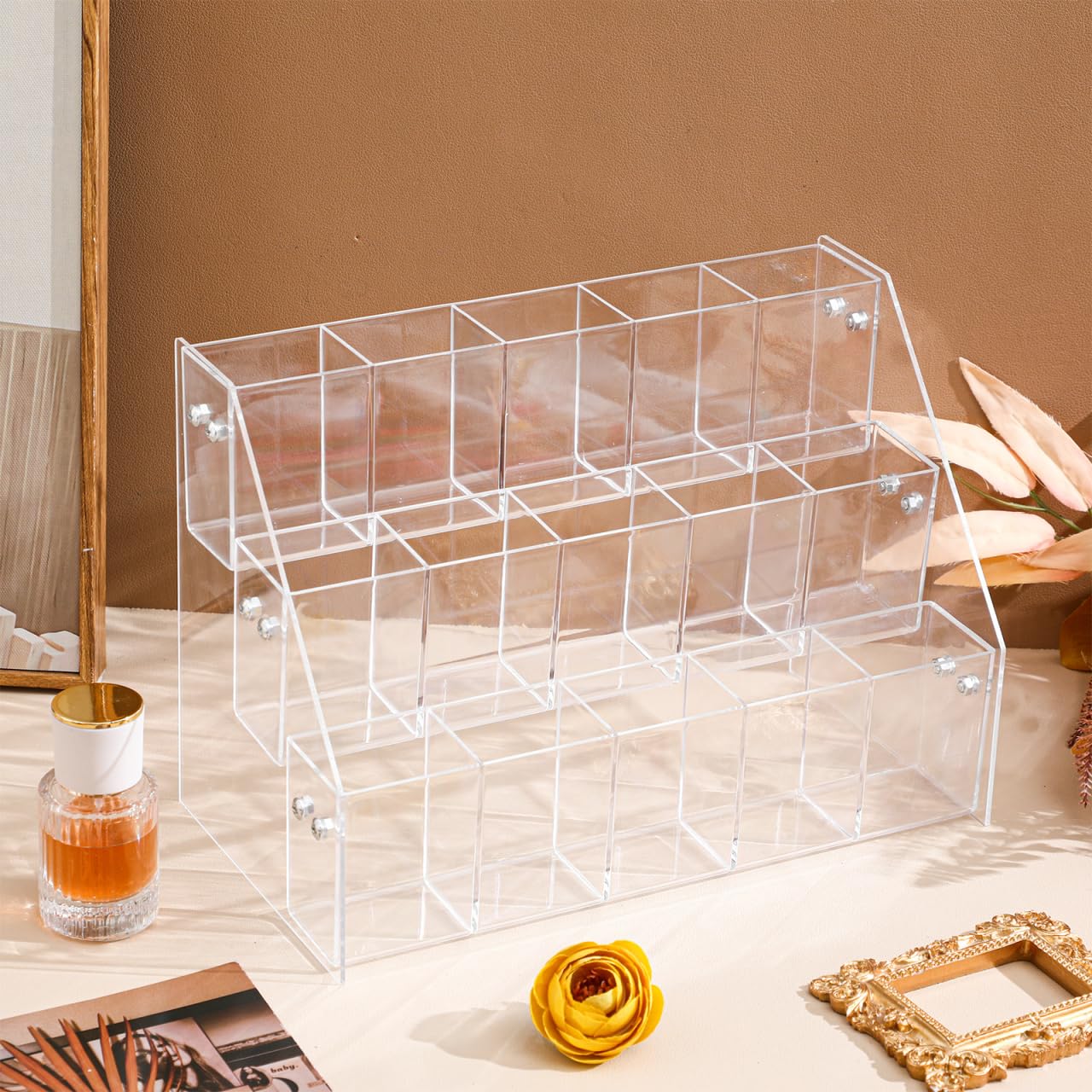 STOBAZA Pen Holder Display Stand 3-Tier Acrylic Marker Organizer with 15 Slots Clear Pencil and Art Supply Storage for Office Desk and School 10.43 X 7.28 X 5.51 Inches