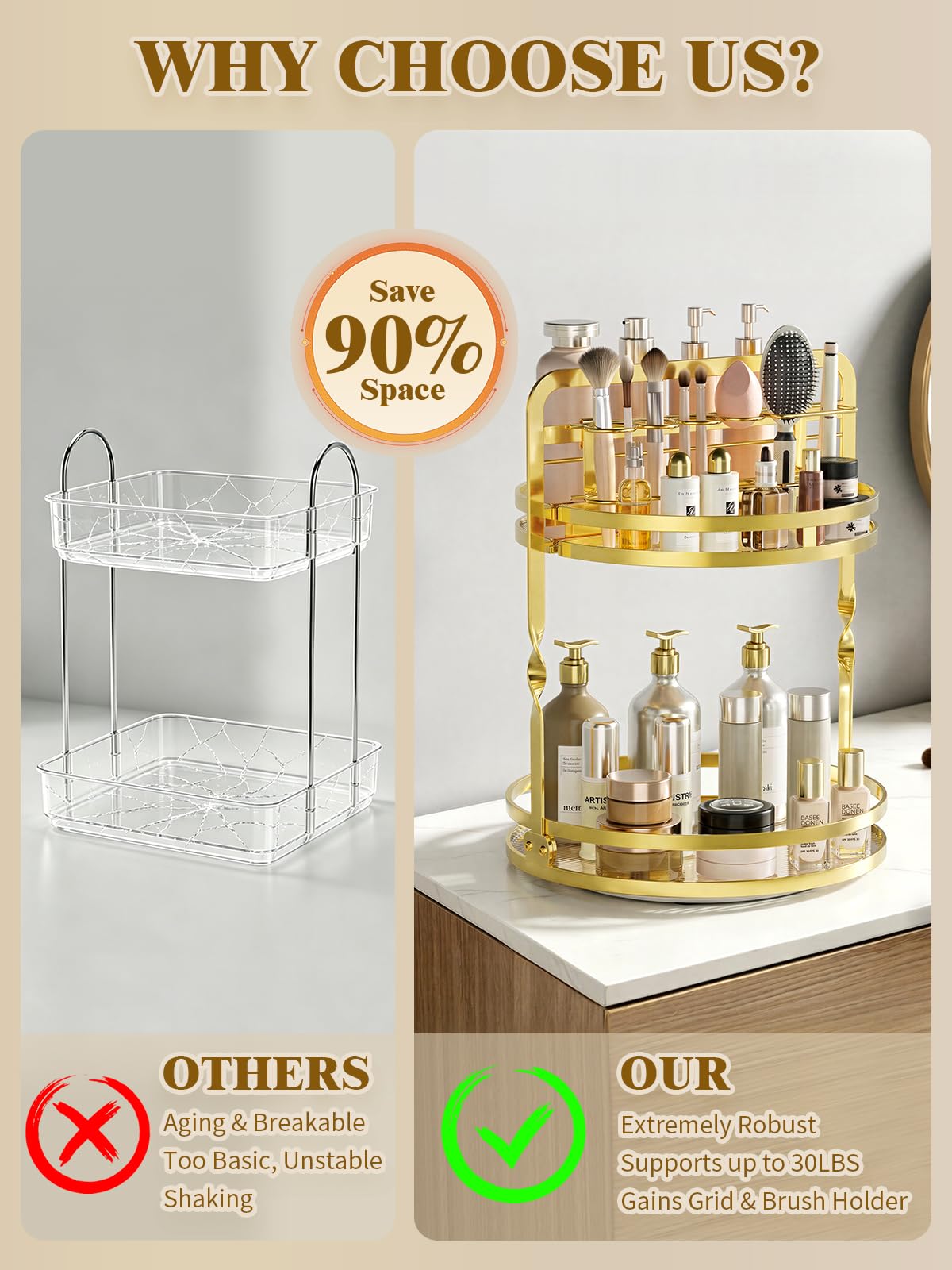 DUANFEE 360° Rotating Makeup Organizer, 2-Tier Gold Perfume Organizer for Dresser, Bathroom Organizer Countertop, Lazy Susan Spinning Perfume Stand Vanity Skincare Storage with Makeup Brush Holder