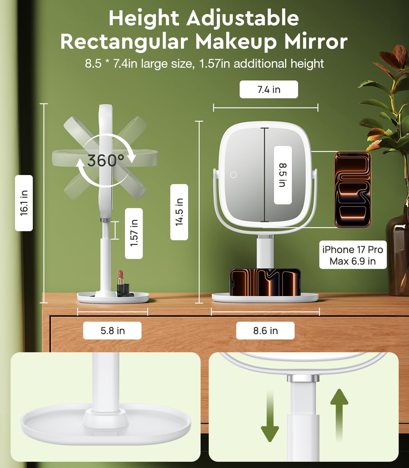 Glowtop Height Adjustable Lighted Makeup Mirror with Lights and Magnification, 1X 20X Magnifying Mirror with Light 4000mAh Rechargeable, Tray Base and Phone Stand for Desk, Gifts for Women (White)