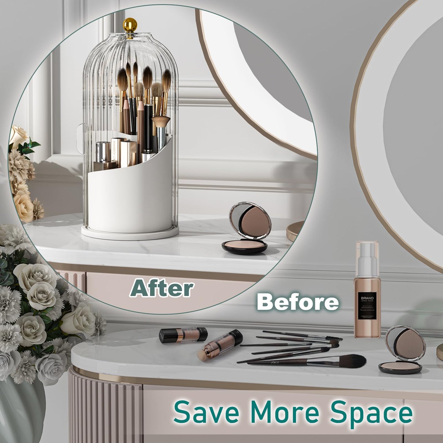 GAXmi Makeup Brush Holder with Lid Rotating Cosmetic Tools Organizer, Grey