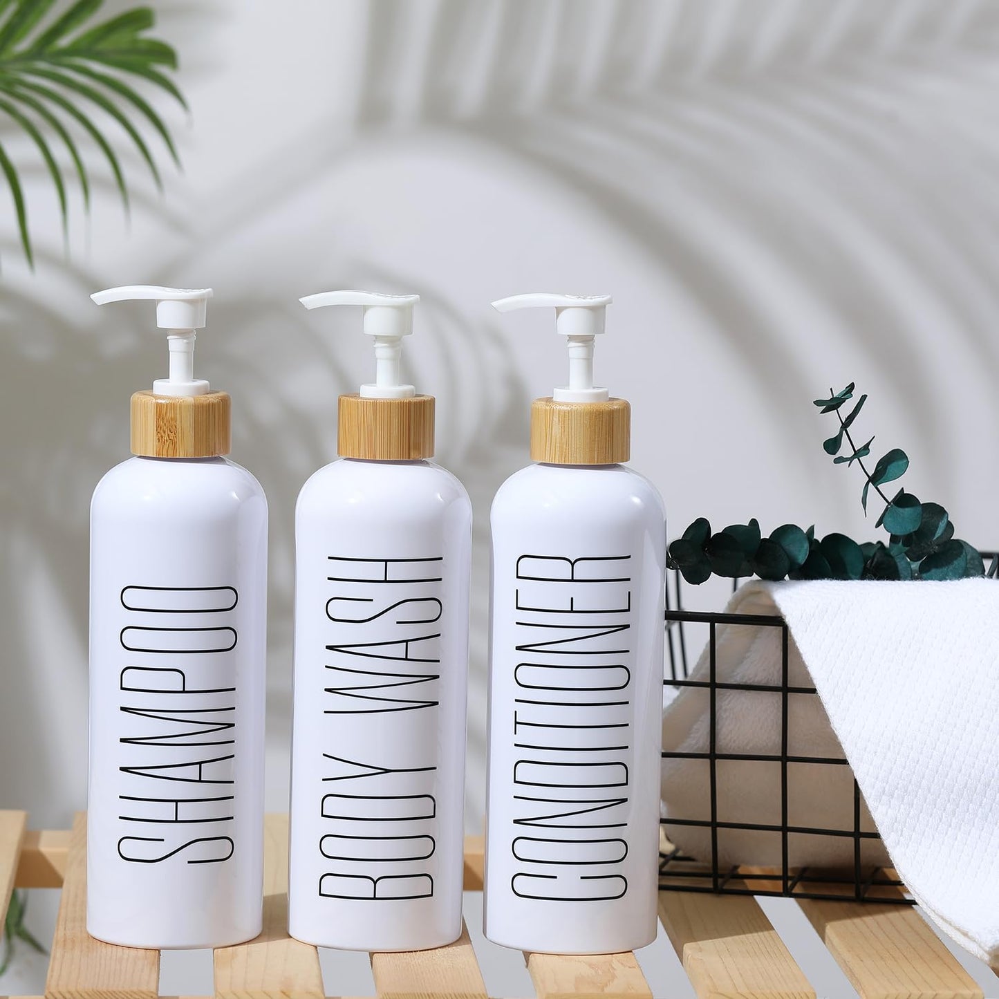 HOMCDALY Shampoo and Conditioner Dispenser, 16oz 3-Pack Refillable Shampoo and Conditioner Bottles, Empty Shampoo Bottles Refillable with Bamboo Pump, Bathroom Shower Shampoo Dispenser Set
