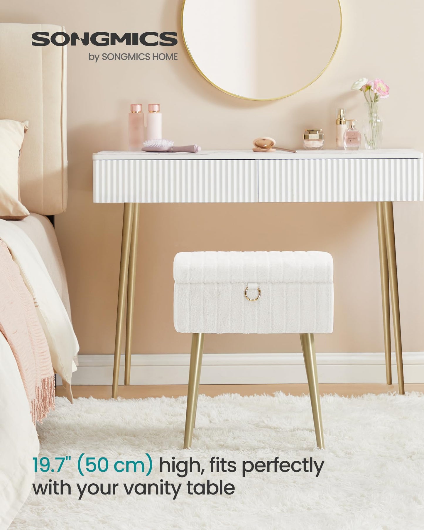 SONGMICS Vanity Stool Chair Faux Fur with Storage, Vanity Bench, Metal Legs, Adjustable Feet, for Living Room, Bedroom, Makeup Room, Cream White ULOM505WZ02