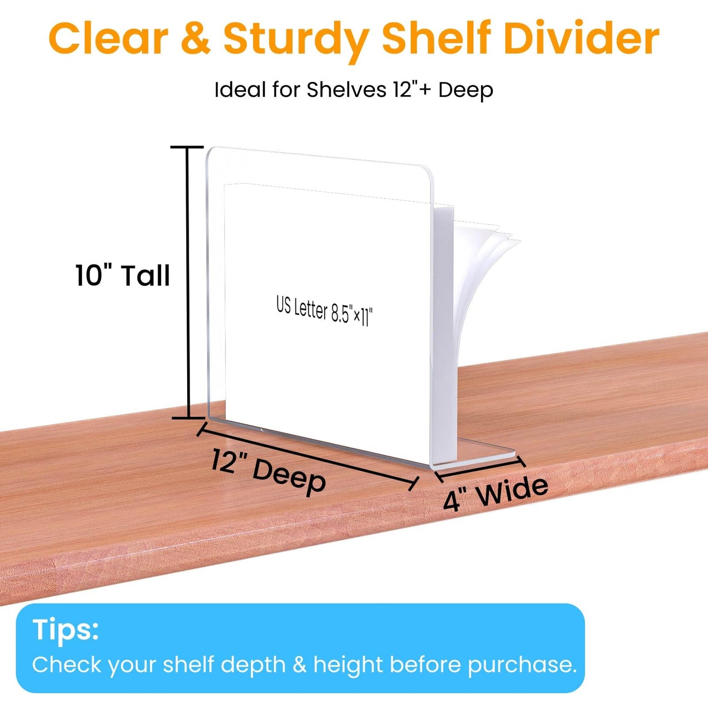 Hotbird Shelf Dividers for Closet Organization – Acrylic Clear Sturdy Dividers to Keep Clothes, Sweaters & Purses Upright, Free-Standing for Wood Shelves, 10" Tall x 12" Deep, 8 Pack
