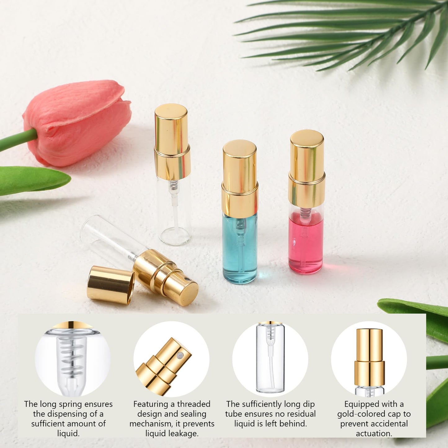 50 Pack 3ml Empty Mini Glass Spray Bottle,Mini Clear Spray Vials Portable Travel Sample Containers Glass Fine Mist Perfume Atomizer Empty Refillable Perfume Bottles with Gold Lids for Cleaning, Travel