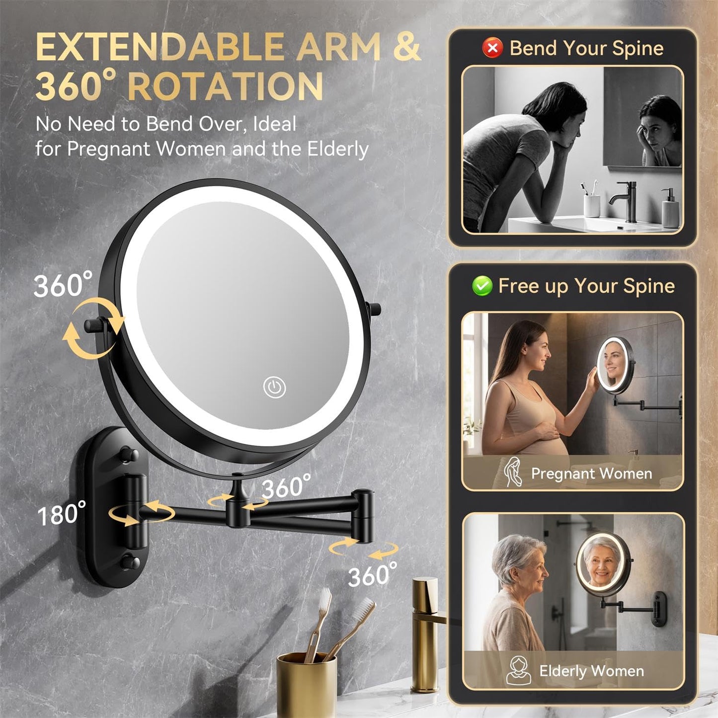 Auxmir 8'' Wall Mounted Lighted Makeup Mirror, 3200mAh Rechargeable Double-Sided 1X/20X Magnifying Mirror with Light, Touch Dimmable 3 Color Light, 360° Rotation Foldable Extended Arm, Black