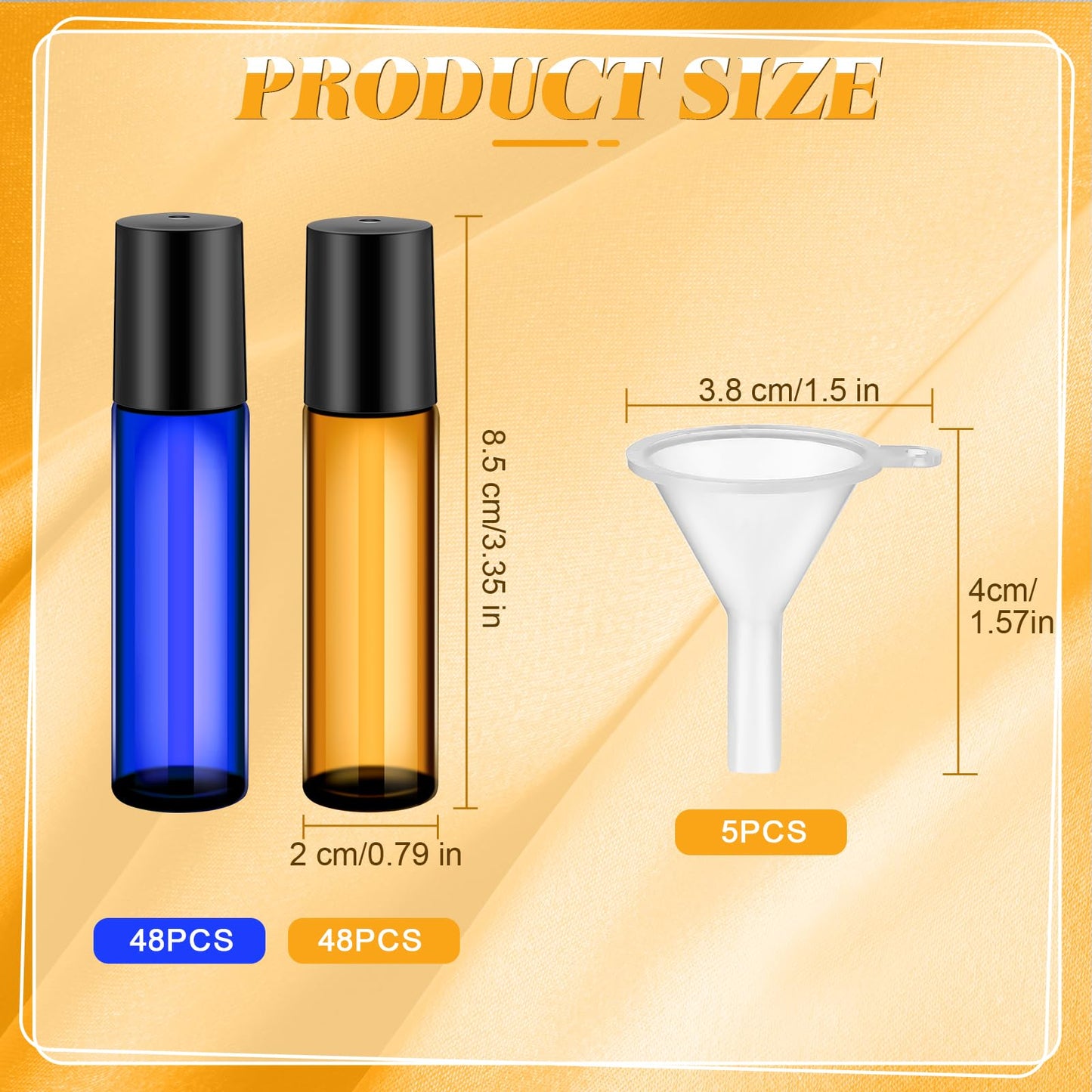 SEEWEY 96 Pcs Essential Oil Roller Bottles 10ml Empty Glass Roller Bottles with Stainless Steel Balls Protection Leakproof with 5 Funnel for Travel Perfume Lip Gloss(Amber, Blue)