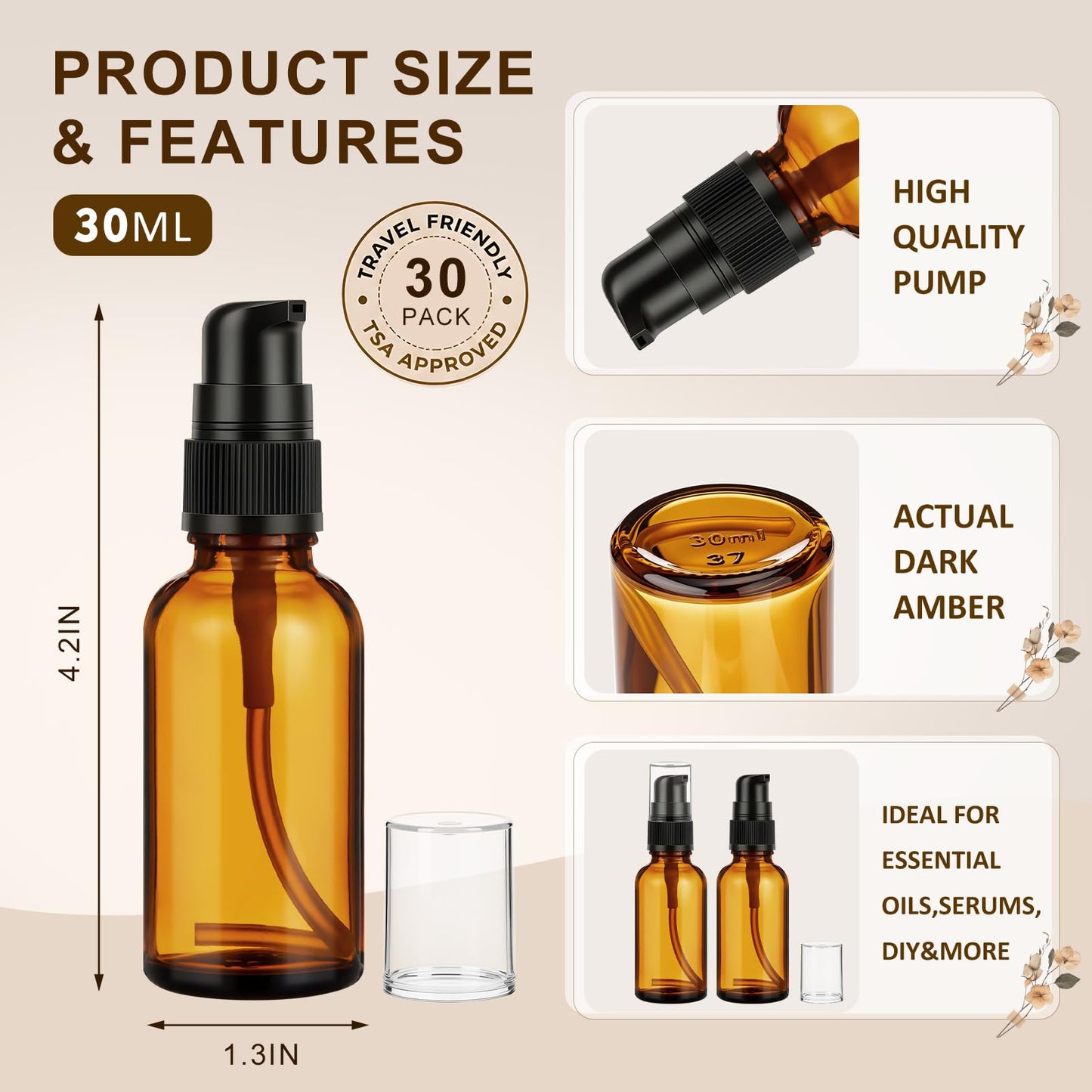 Roshtia 30 Pack 1oz Amber Glass Pump Bottles with Black Pump, Refillable, Leak‑Proof, 30ml Empty Travel Size Small Containers for Lotion, Cream, Essential Oils, Aromatherapy Liquids and More