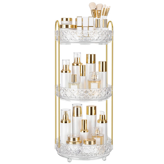 LAREKUN 360 Rotating Makeup Organizer for Vanity, 3 Tier Adjustable Perfume Organizer for Dresser, Multi-Function Spinning Cosmetics Skincare Storage for Bedroom, Dresser, Countertop, Clear