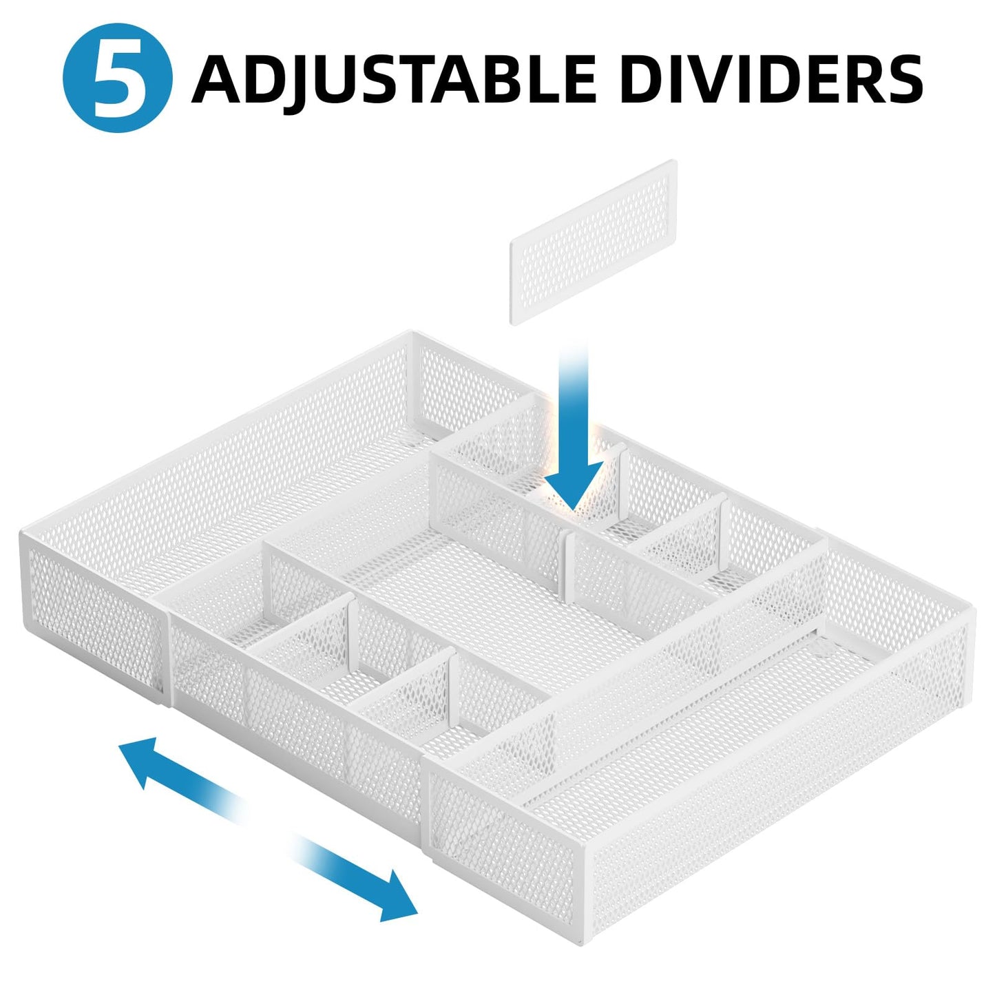 Marbrasse Expandable Desk Drawer Organizer, Mesh Drawer Organizer Tray with 10 Adjustable Compartments, Desk Organizers and Accessories, 5 Dividers Drawer for Office Supplies, Makeup & Vanity (White)