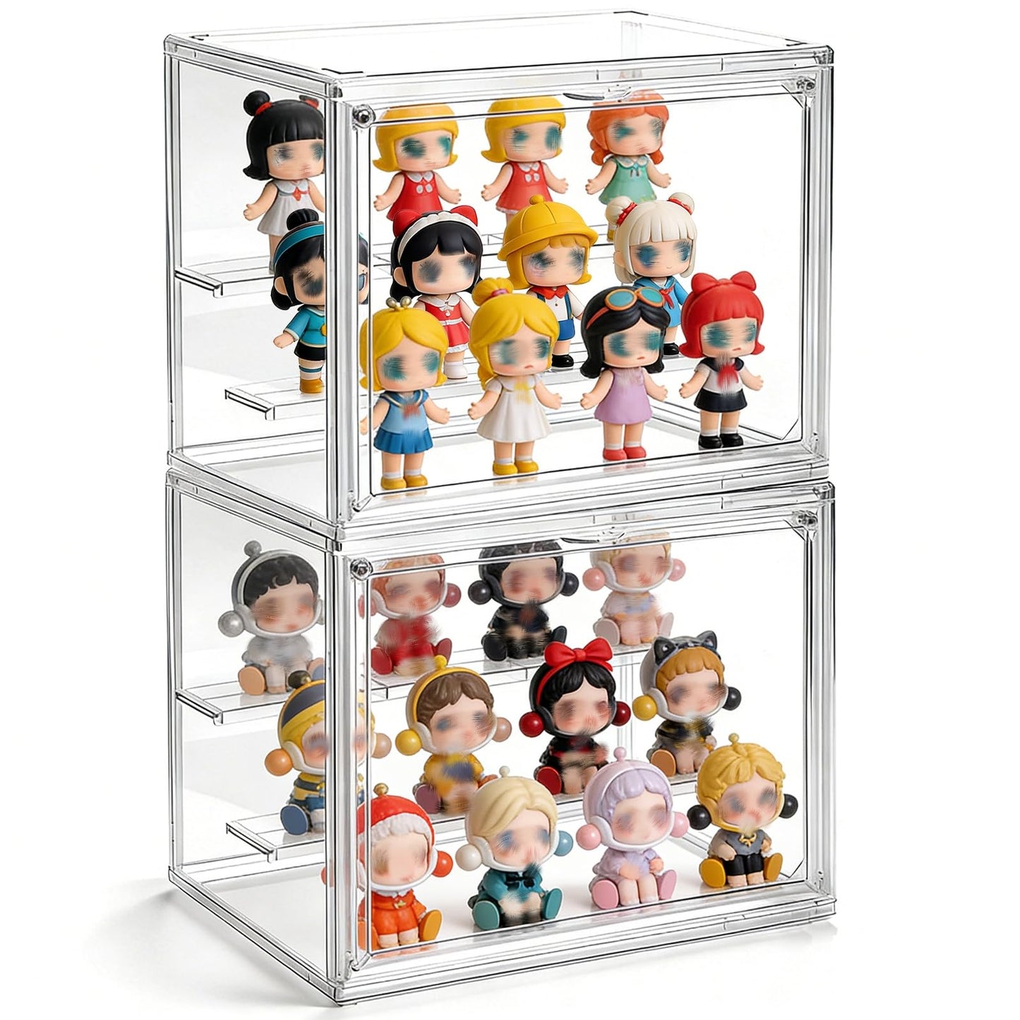 YIMITEE 2 Pack Clear Acrylic Display Case, 3 Tier Small Adjustable Display Box, Collectible Showcase with Magnetic Door, Figure Storage Shelf, Stackable Purse Organizer for Closet, Book, Cosmetic