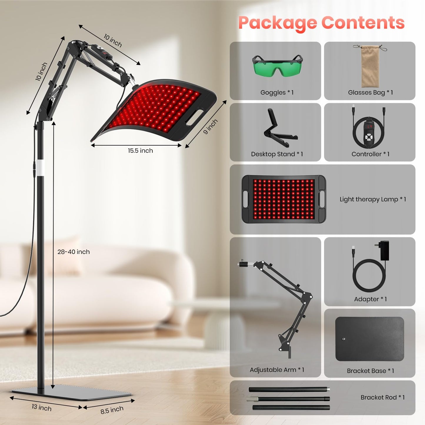 Red Light Therapy for Face and Body, Red Infrared Light Therapy Lamp with Stand, Tri-Wavelength 660nm 850nm 940nm Infrared Light Device with Large Panel, Protective Glasses, Idea Gift for Women Men