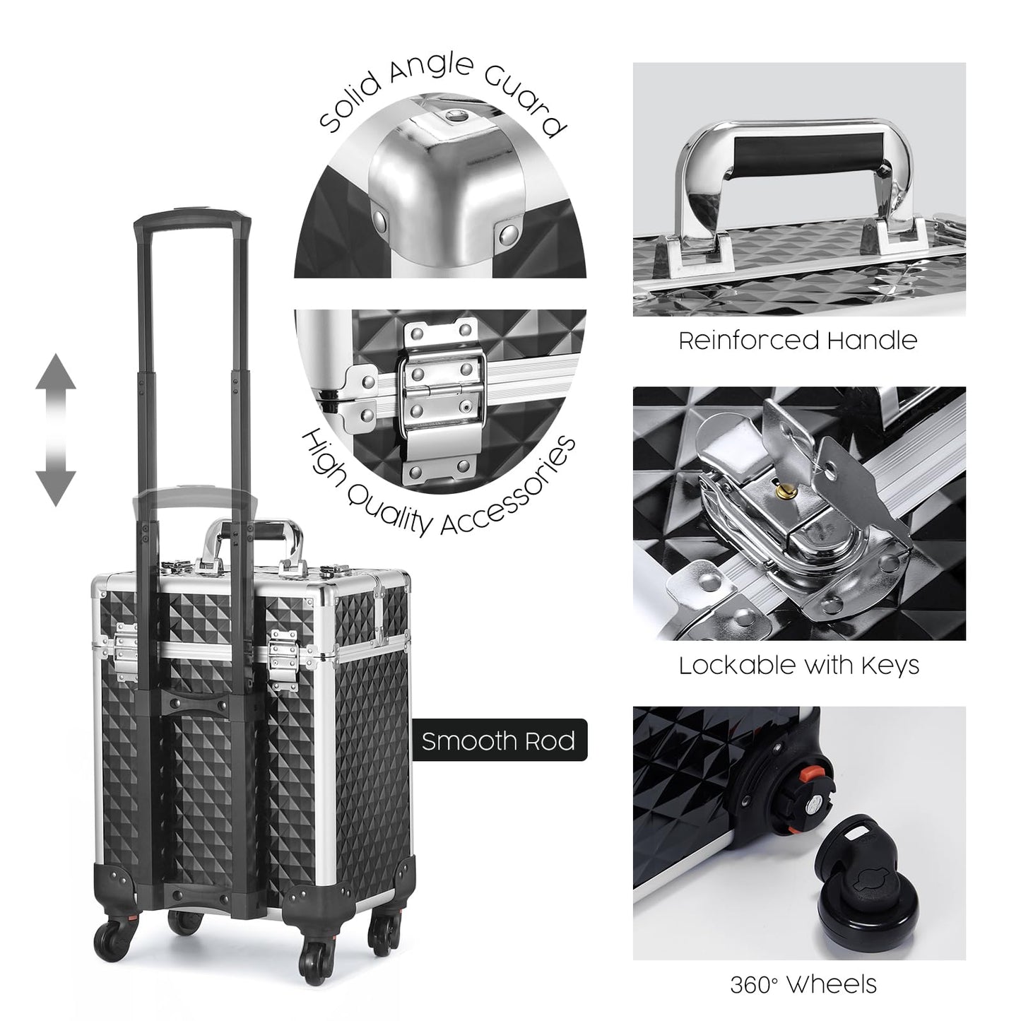 Mecucasi Rolling Makeup Train Case Large Cosmetic Trolley Organized Aluminum Barber Case for Hairstylist Makeup Nail Tech Salon with Keys Swivel Wheels Traveling Cart Trunk - Black