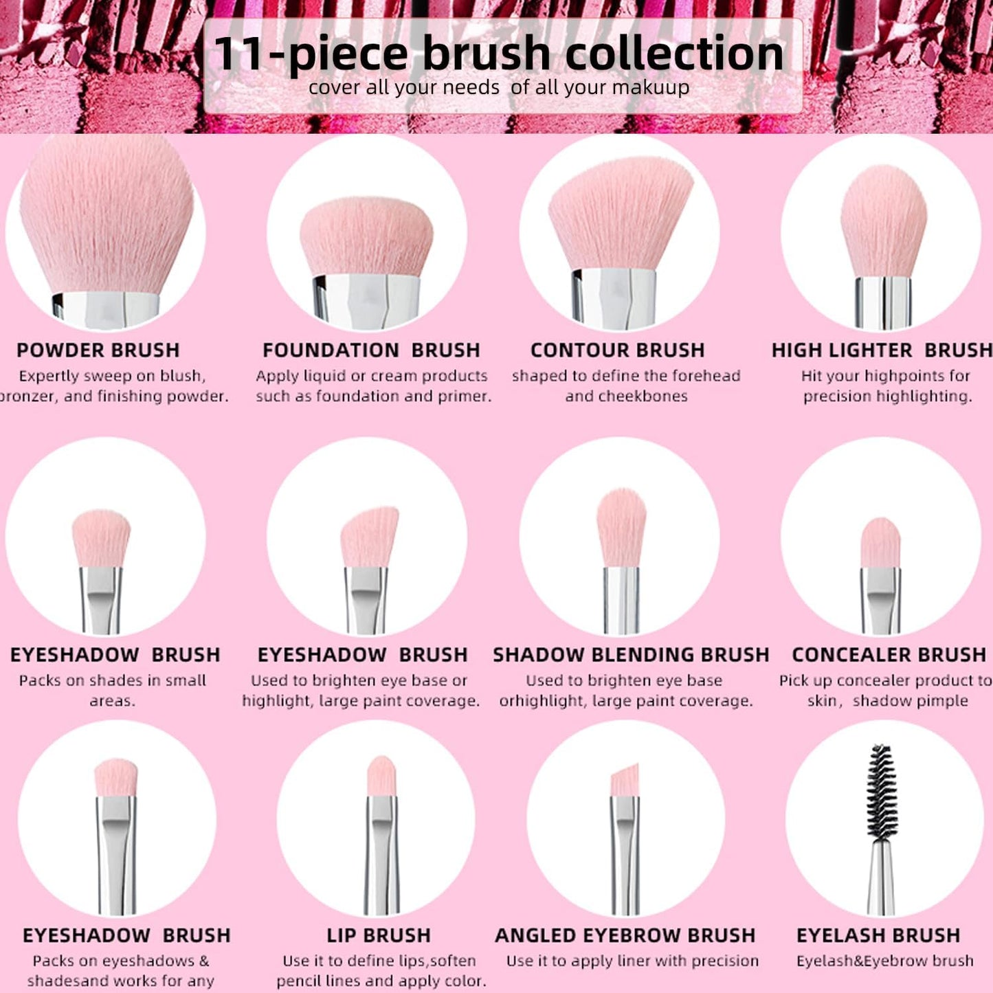 Silver Glitter 11PCS Makeup Brush Set Crystal Cosmetic Make Up Brush Kit with Gift Box, Soft Vegan Synthetic Hair for Foundation, Powder, Eyeshadow, Eyebrow & Lip for Girl
