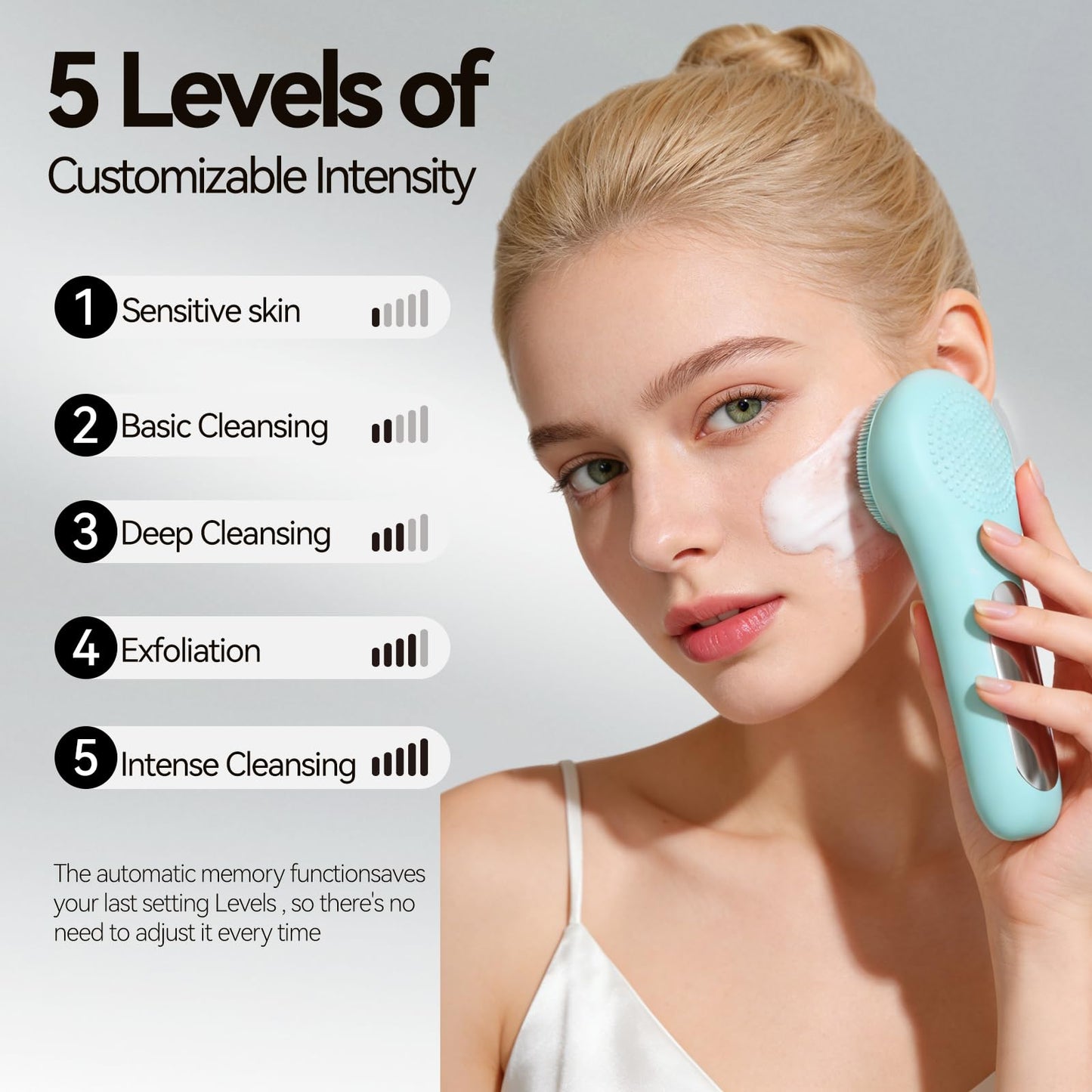 AuraBea Rechargeable Silicone Facial Cleansing Brush for Women & Men - 5 Modes Waterproof Face Scrubber with Heat Massage, Deep Cleansing & Exfoliating Electric Face Brush (Green)