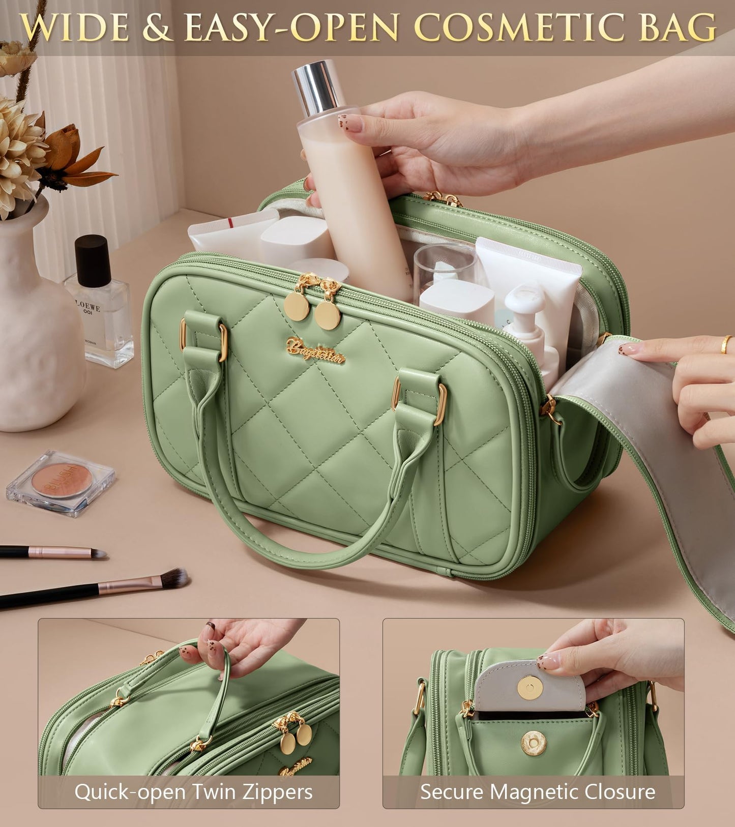 Bagstellar Travel Makeup Bag, Large Capacity Quilted Toiletry Bag for Women Stand-up Cosmetic Bag Open Flat Make Up Case Organizer Portable Pouch Purse w/Handle for Traveling Accessories, Sage Green