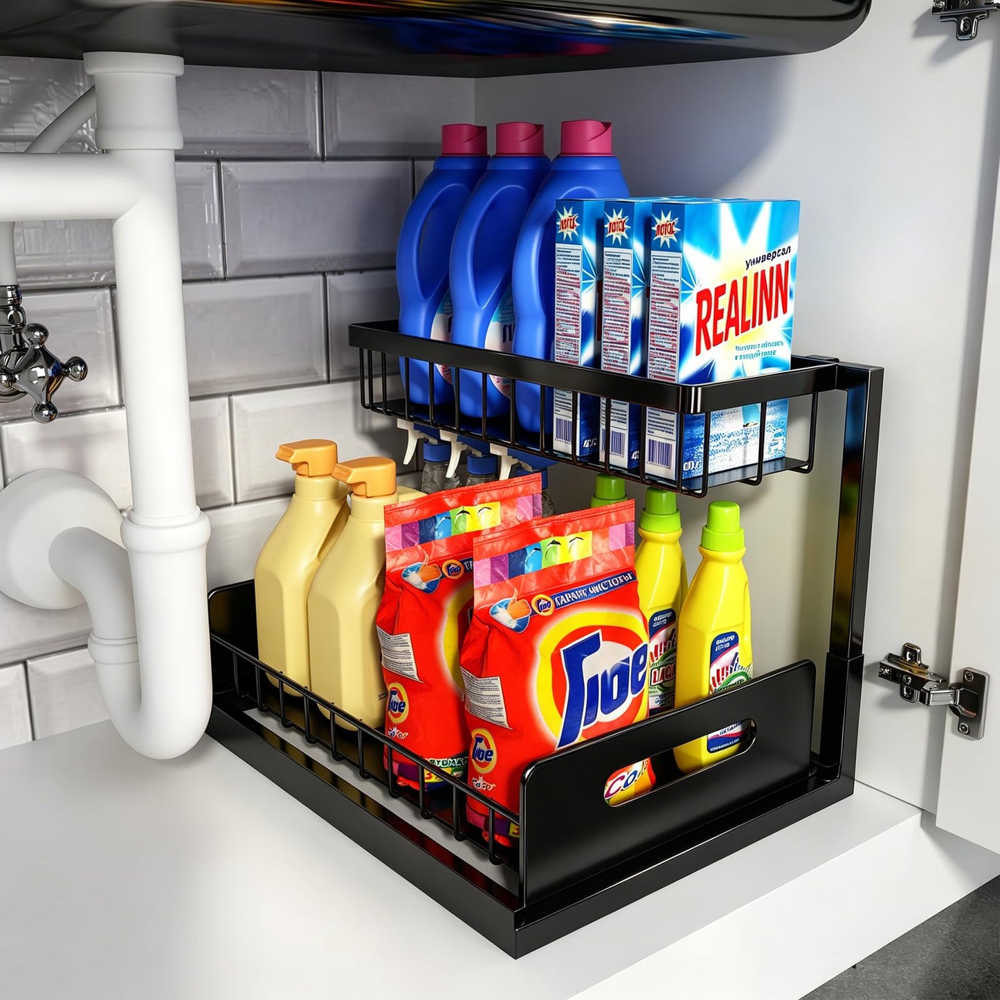 REALINN Under Sink Organizer, Pull Out Cabinet Organizer, 2 Tier Metal Slide Out Shelf with L Shaped Design for Kitchen, Bathroom, Laundry, and Utility Cabinet Storage for Deep Cabinets, Black, 1 Pack