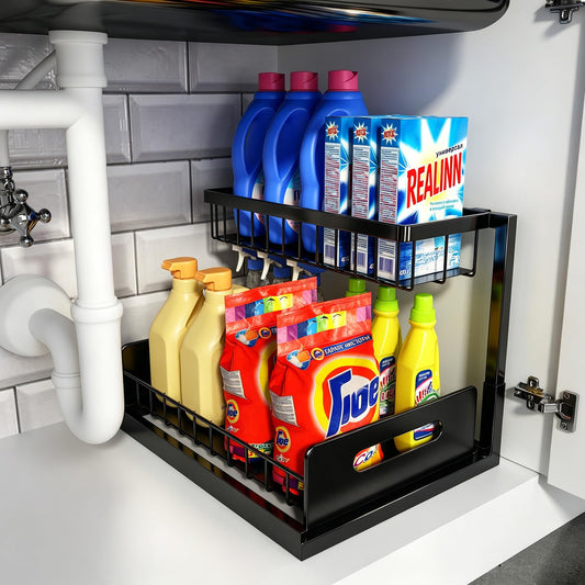 REALINN Under Sink Organizer, Pull Out Cabinet Organizer, 2 Tier Metal Slide Out Shelf with L Shaped Design for Kitchen, Bathroom, Laundry, and Utility Cabinet Storage for Deep Cabinets, Black, 1 Pack