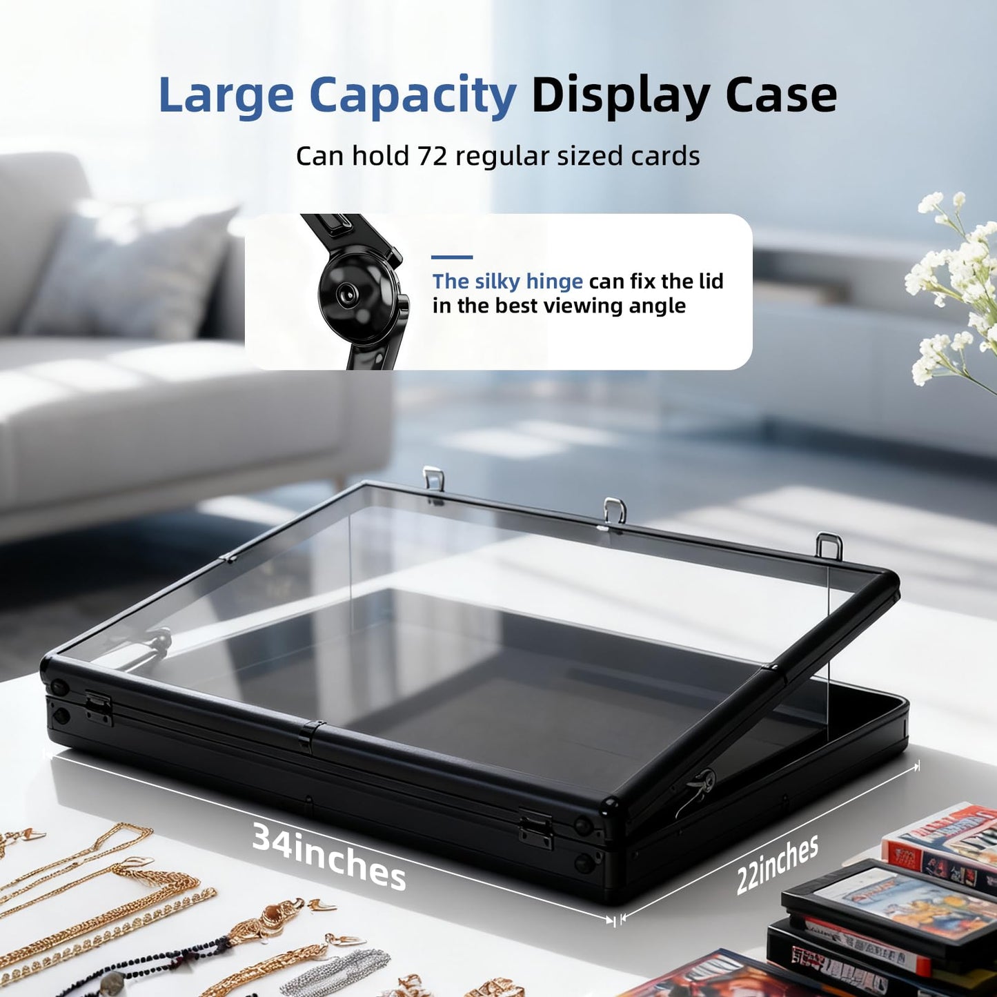 Portable Card Show Display Case 34"x22", Aluminum Trade Show Display Case with Acrylic Side & Handle & Support Rod, Large Lockable Tabletop Showcase for Baseball Sports Graded Cards