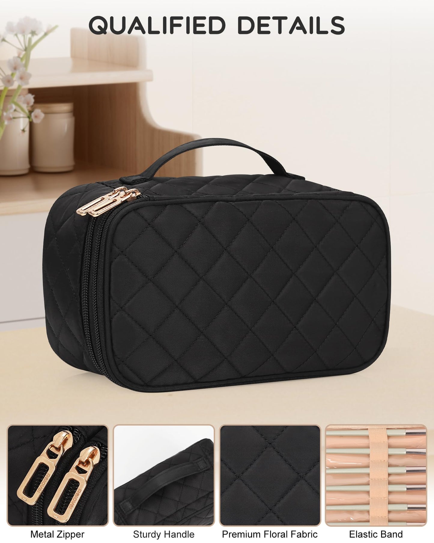 Relavel Small Makeup Bag, Travel Makeup Bag, Cosmetic Bag for Women, 2 Layer Makeup Organizer, Black Make Up Pouch Waterproof, Makeup Brush Holder, Durable Zipper (Black)