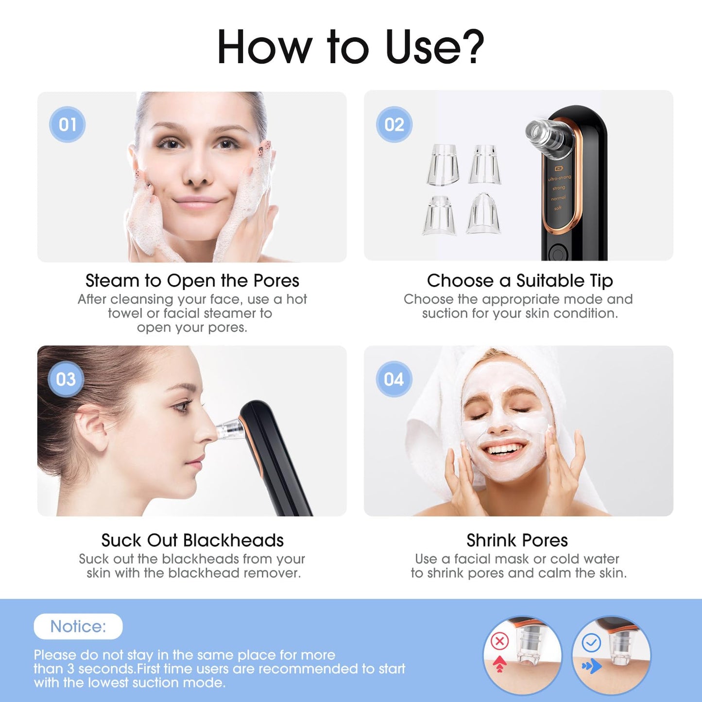 Yccu Blackhead Remover Vacuum Pore Extractor Black Head Remover for Face and Nose Blackhead Extractor Tool Pore Cleane Vacuum with USB Charge 4 Modes 5 Suction Heads for Women and Men (Black)