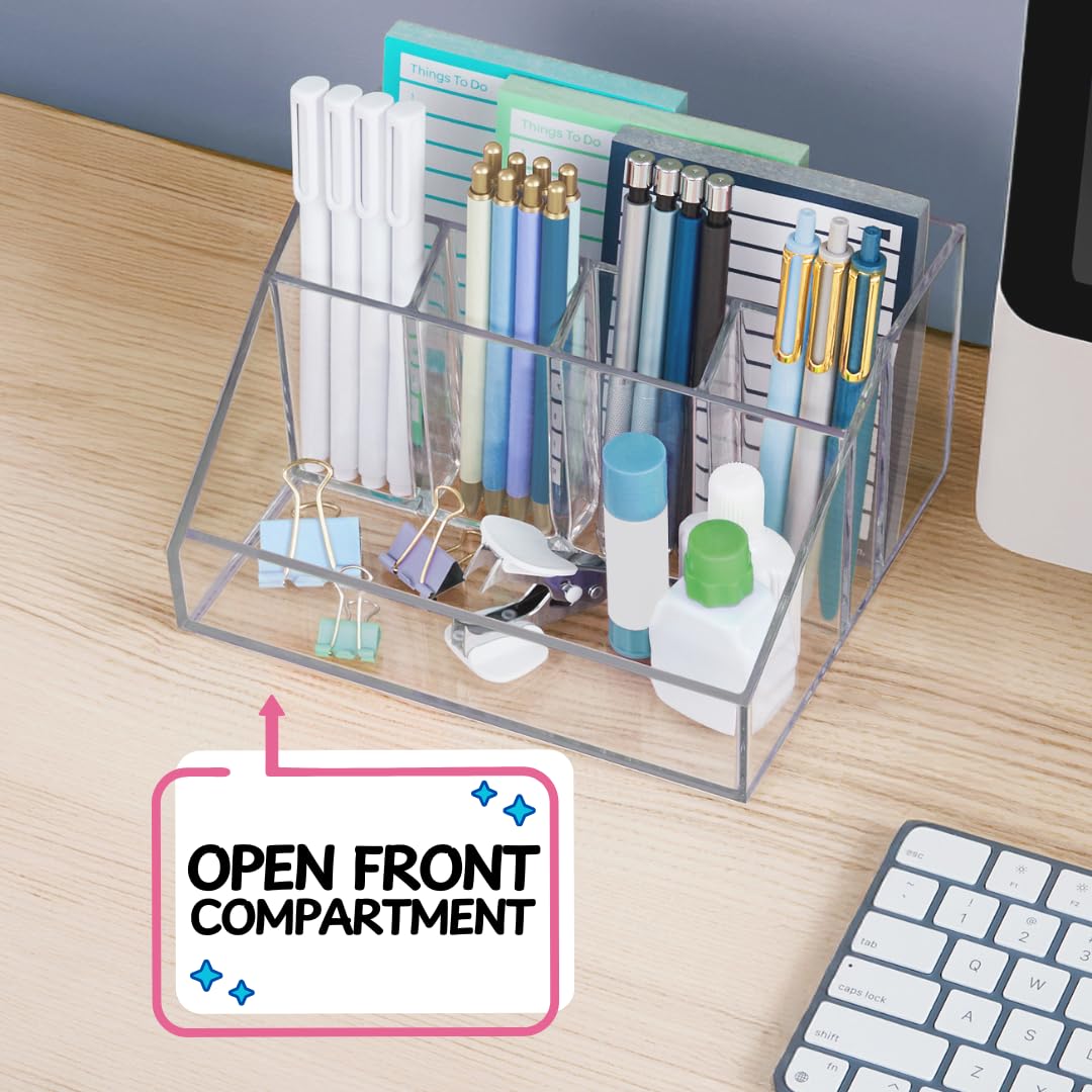 STORi Stackable Desk Organizer, Clear Pen Pencil Makeup Brush Holder for Desktops and Vanities, 6 Compartment Caddy (Made in USA)