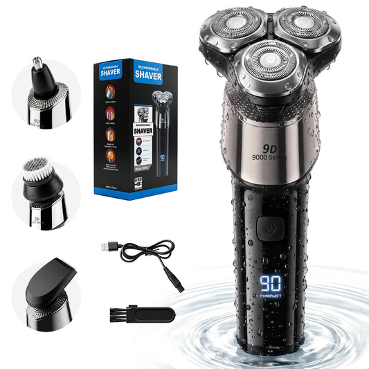 4-en-1 Electric Razor for Men, 9999 RPM High-Speed Electric Shaver with LED Display, 1H Fast Charging, IPX7 Waterproof Razor with Nose Hair Trimmer, Facial Cleansing Brush