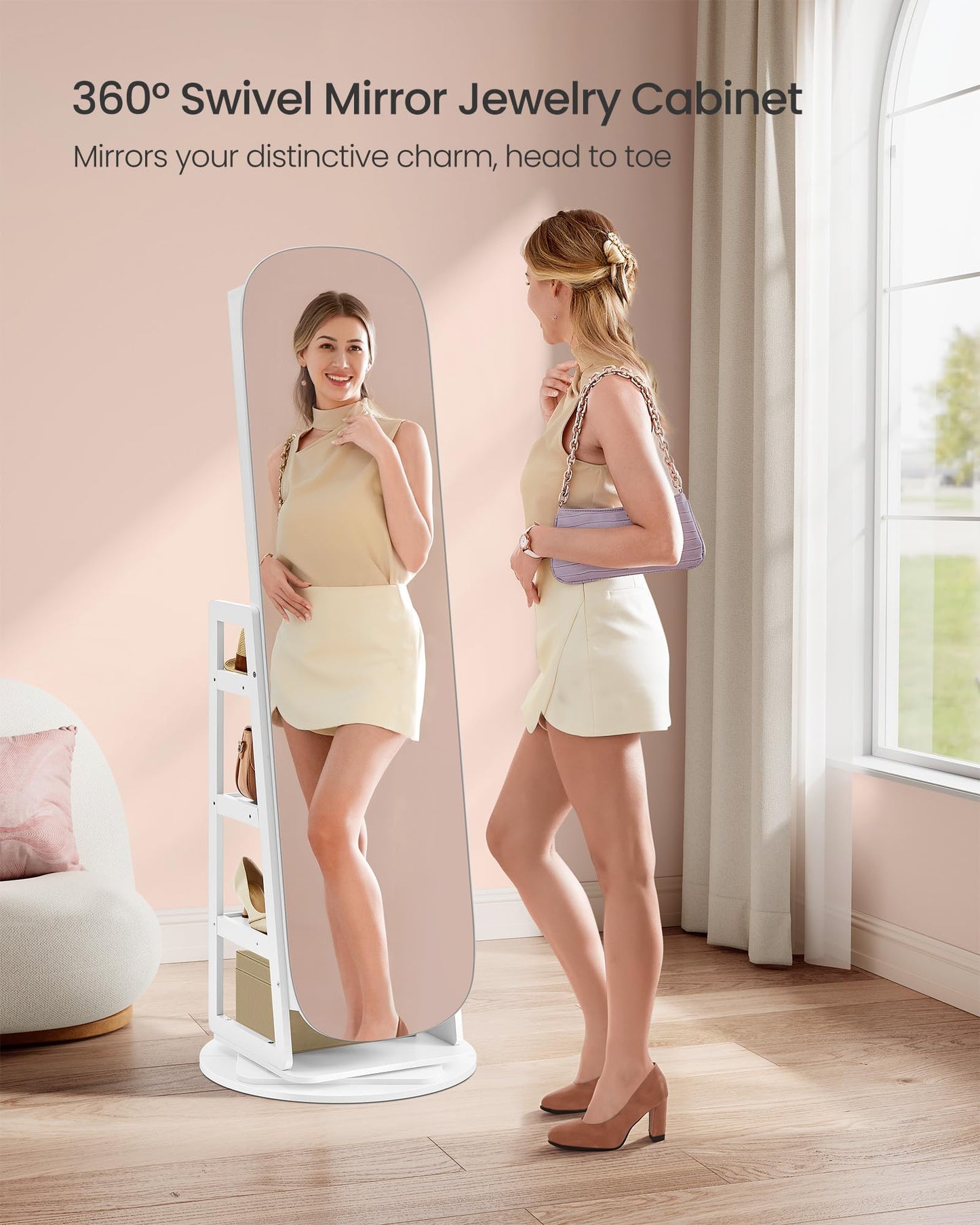 SONGMICS LED Jewelry Cabinet, 360° Swivel Jewelry Organizer, Lockable Mirror Jewelry Cabinet Standing, Rounded Wide Full-Length Mirror with Storage Shelves, Interior Mirror, Cloud White UJJC036W01
