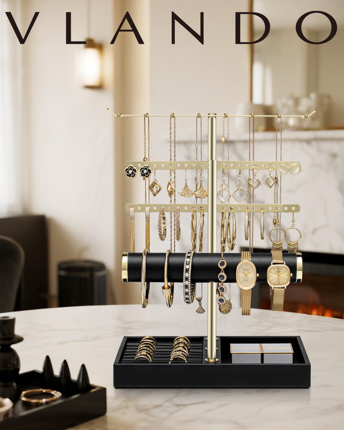 VLANDO 3 Tier Jewelry Stand Organizer with Tary, Leather Jewelry Holder Display for Women, Gold Jewlery Holder Display for Necklace, Earring, Bracelet, Rings - Black
