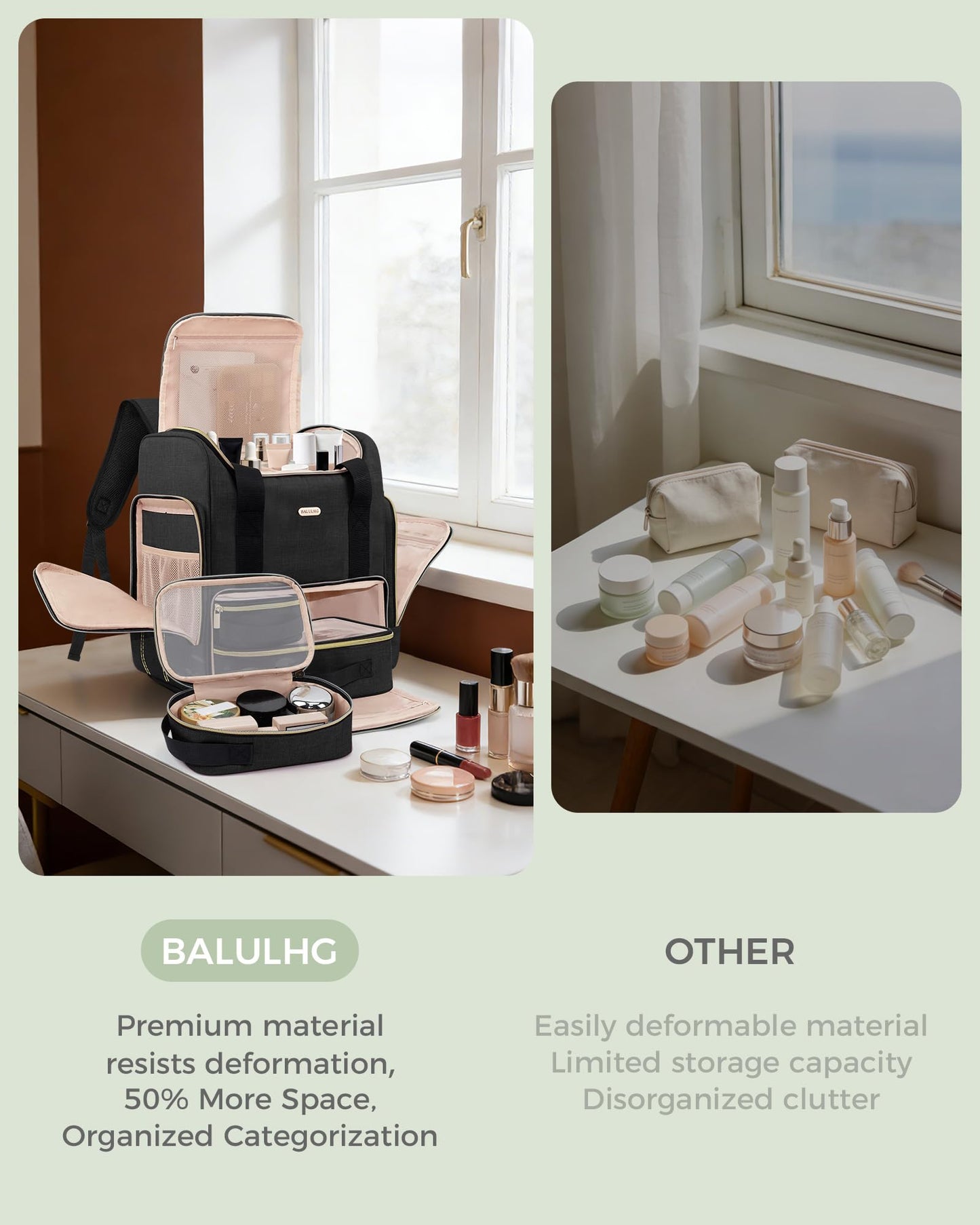 BALULHG Large Portable Travel Makeup Bag with 3 Removable Transparent Case, Dual-Shoulder Multi-Functional Cosmetic Bag,Double Layer Big Capacity Makeup Bag Backpack, Patent Pending
